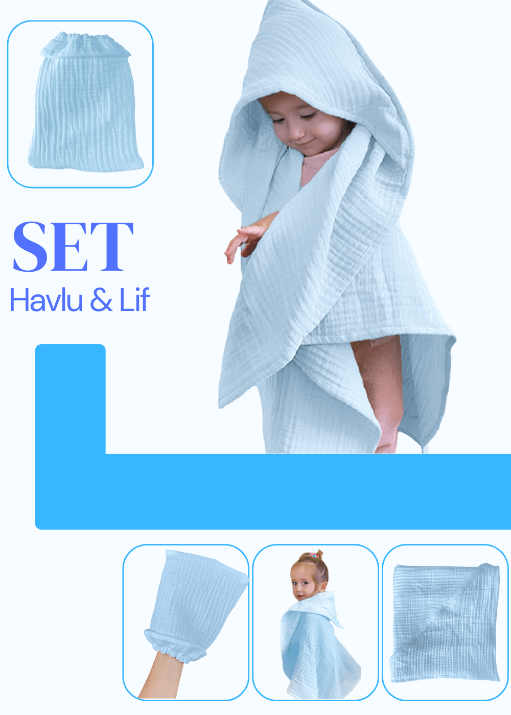 Bebek Havlu ve Kese Seti - %100 Organik Muslin Banyo Kese ve Havlu Seti - mavi