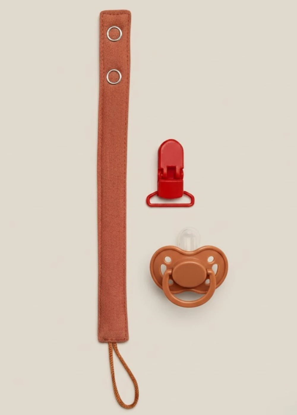 Pamuk Müslin Bebek Emzik Askısı - 1 Plastik Klips, Kolay Açılır Emzik Tutacağı / Zinciri | 2x25 cm - kiremit