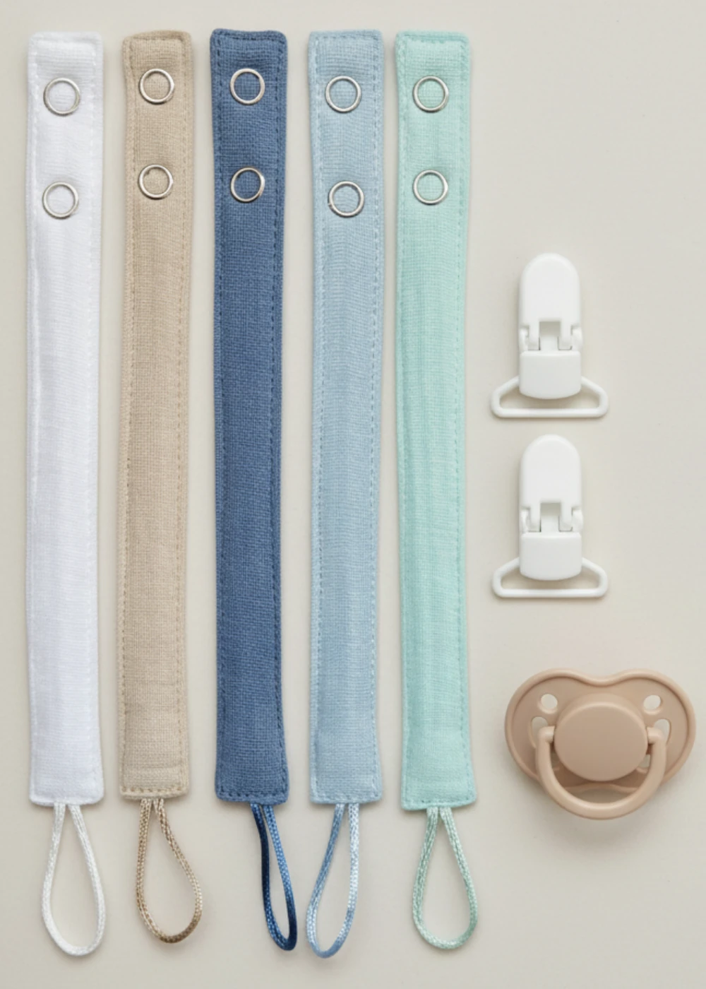5'li Pamuk Müslin Bebek Emzik Askısı - 2 Plastik Klips, Kolay Açılır Emzik Tutacağı / Zinciri | 2x25 cm