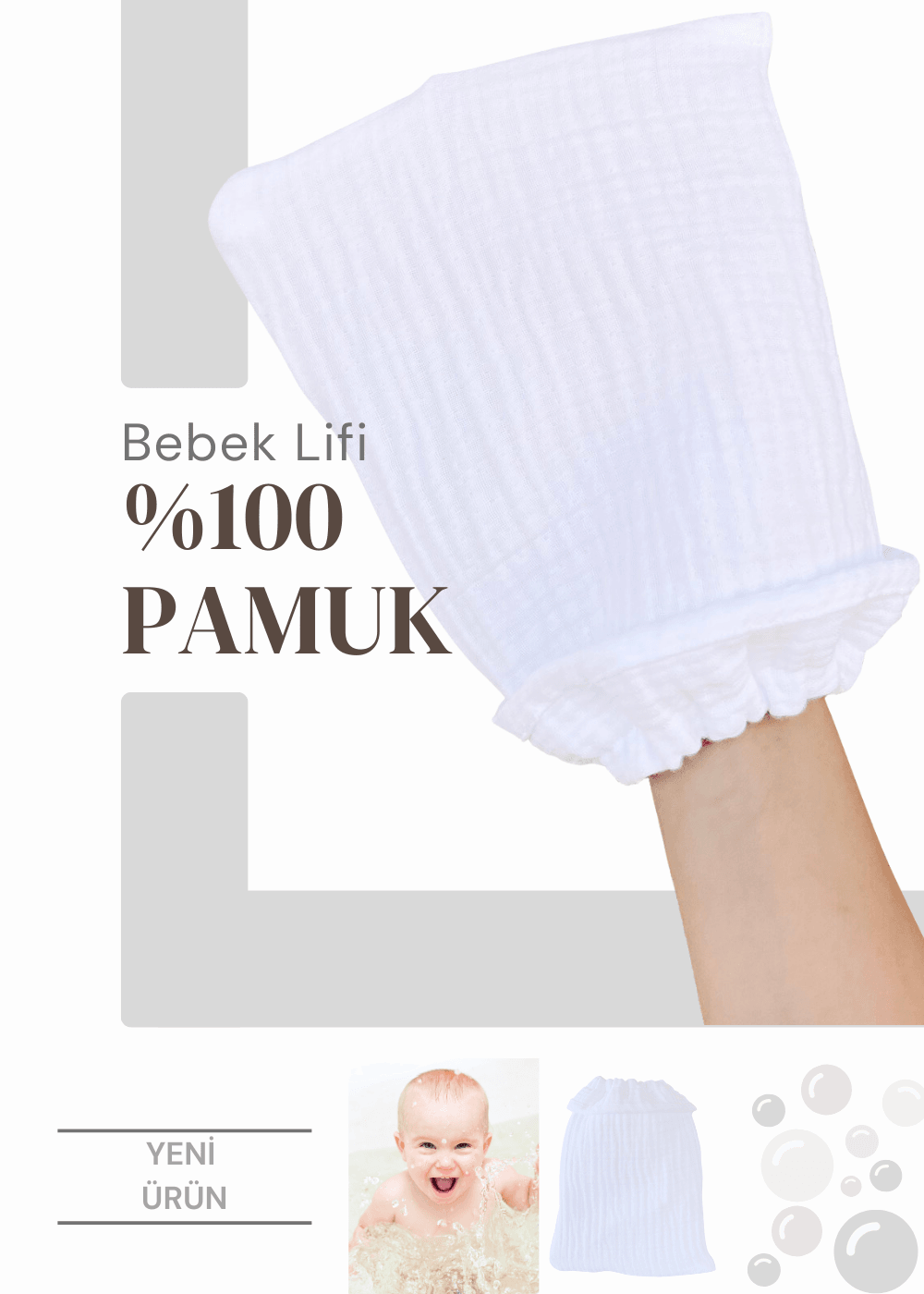 %100 Pamuk Bebek Lifi Tahriş Etmeyen Yumuşak Banyo Eldiveni Muslin Lif - beyaz