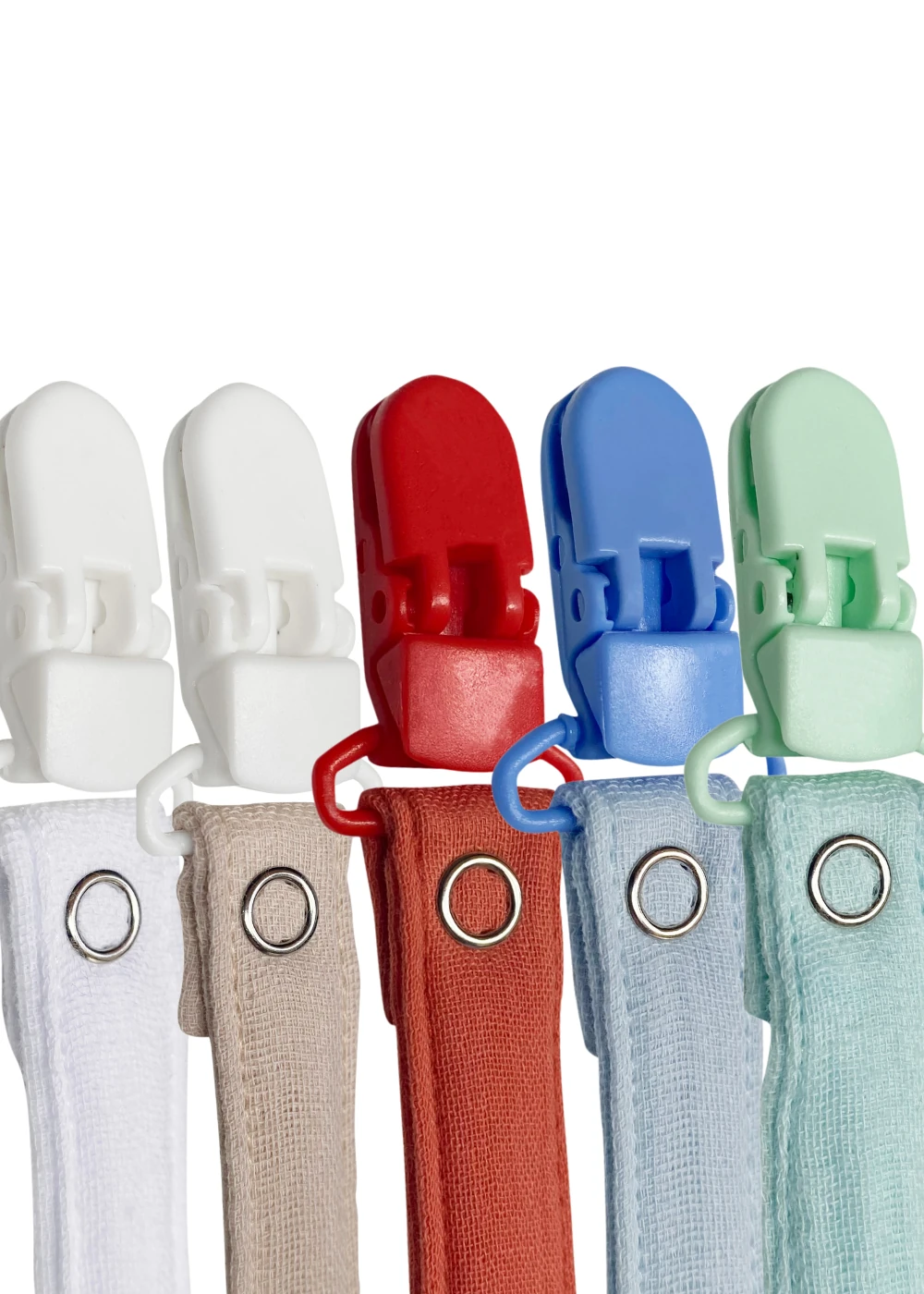 5'li Pamuk Müslin Bebek Emzik Askısı - 5 Plastik Klips, Kolay Açılır Emzik Tutacağı / Zinciri | 2x25 cm