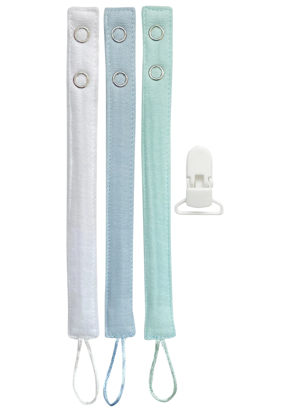 3'lü Pamuk Müslin Bebek Emzik Askısı - Plastik Klips, Kolay Açılır Emzik Tutacağı / Zinciri | 2x25 cm