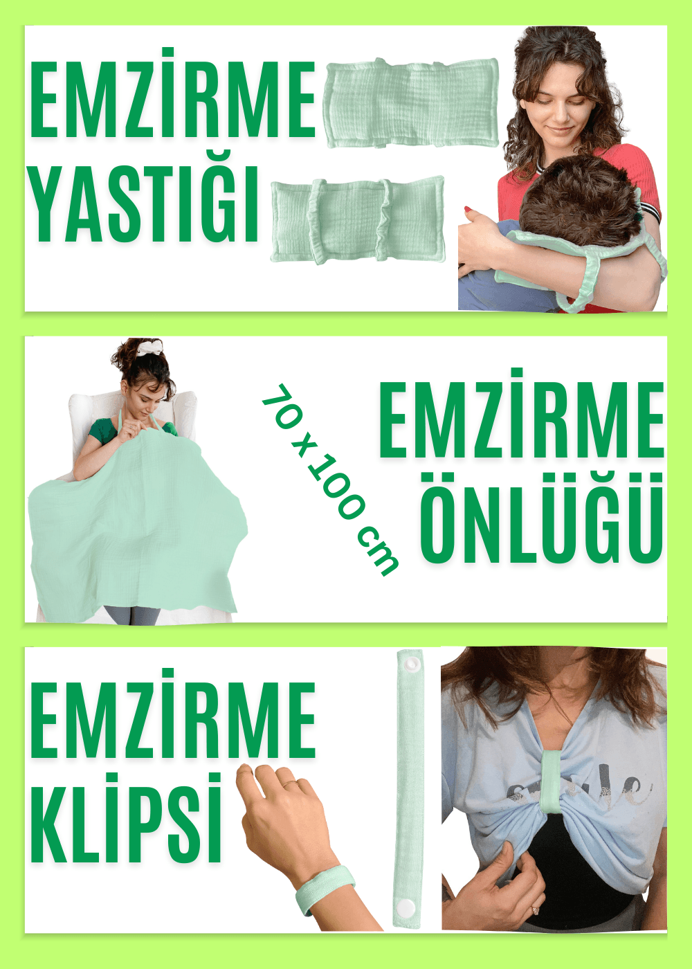 4 Katlı Müslin Bebek Emzirme Seti Emzirme Yastığı, Emzirme Klipsi, İç Göstermez Bebek Emzirme Örtüsü - mint