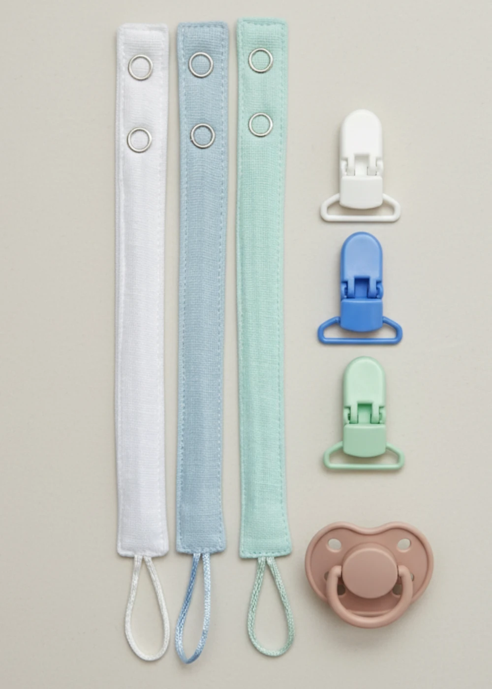 3'lü Pamuk Müslin Bebek Emzik Askısı - 3 Plastik Klips, Kolay Açılır Emzik Tutacağı / Zinciri | 2x25 cm - mavi beyaz mint klips