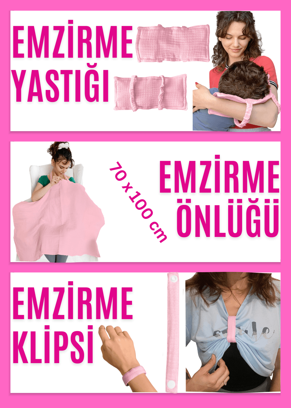 4 Katlı Müslin Bebek Emzirme Seti Emzirme Yastığı, Emzirme Klipsi, İç Göstermez Bebek Emzirme Örtüsü - pembe