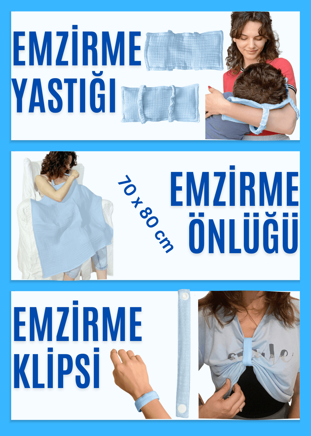 4 Katlı Müslin Bebek Emzirme Seti Emzirme Yastığı Emzirme Klipsi İç Göstermez Bebek Emzirme Önlüğü - mavi