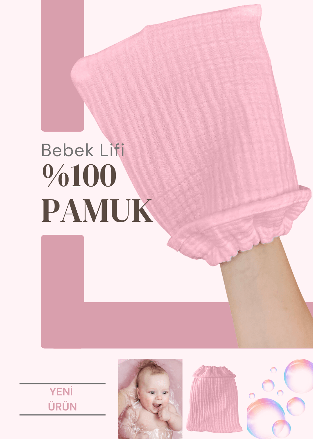 %100 Pamuk Bebek Lifi Tahriş Etmeyen Yumuşak Banyo Eldiveni Muslin Lif - pembe