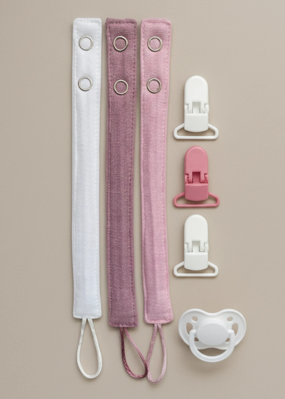 3'lü Pamuk Müslin Bebek Emzik Askısı - 3 Plastik Klips, Kolay Açılır Emzik Tutacağı / Zinciri | 2x25 cm - beyaz pembe gül kurusu