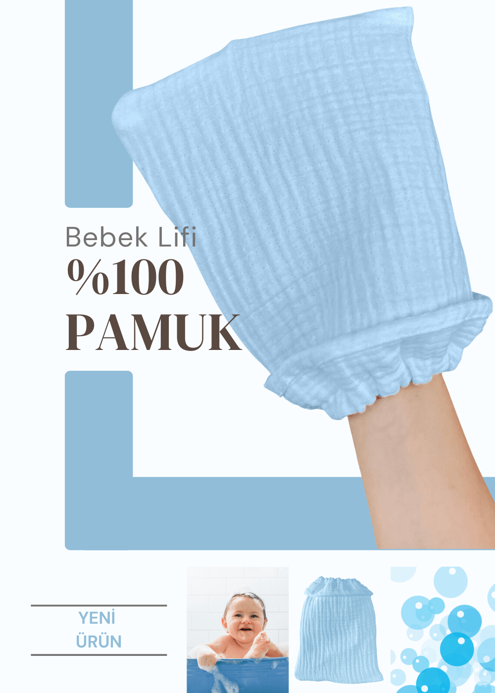 %100 Pamuk Bebek Lifi Tahriş Etmeyen Yumuşak Banyo Eldiveni Muslin Lif - mavi