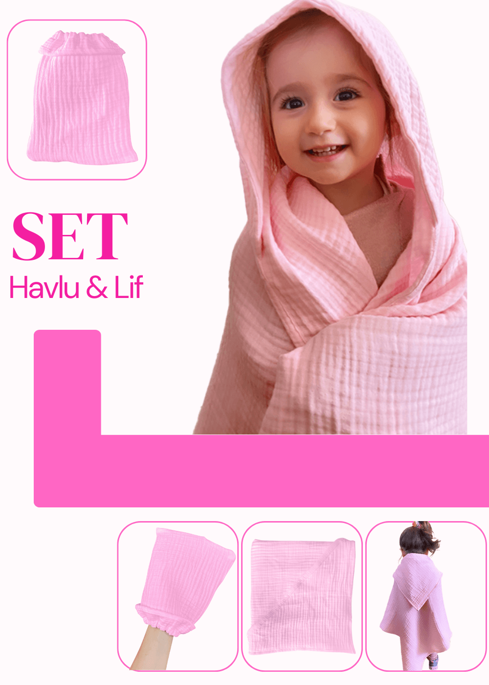 Bebek Havlu ve Kese Seti - %100 Organik Muslin Banyo Kese ve Havlu Seti - pembe