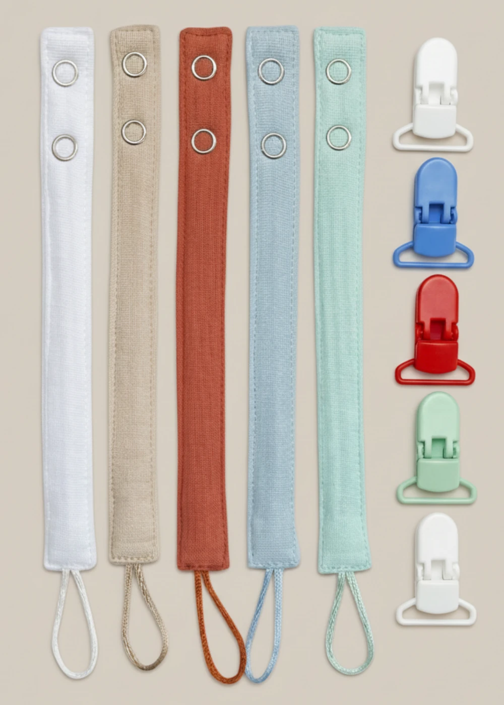 5'li Pamuk Müslin Bebek Emzik Askısı - 5 Plastik Klips, Kolay Açılır Emzik Tutacağı / Zinciri | 2x25 cm