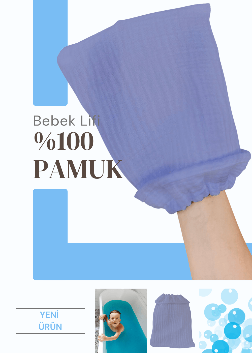 %100 Pamuk Bebek Lifi Tahriş Etmeyen Yumuşak Banyo Eldiveni Muslin Lif - indigo