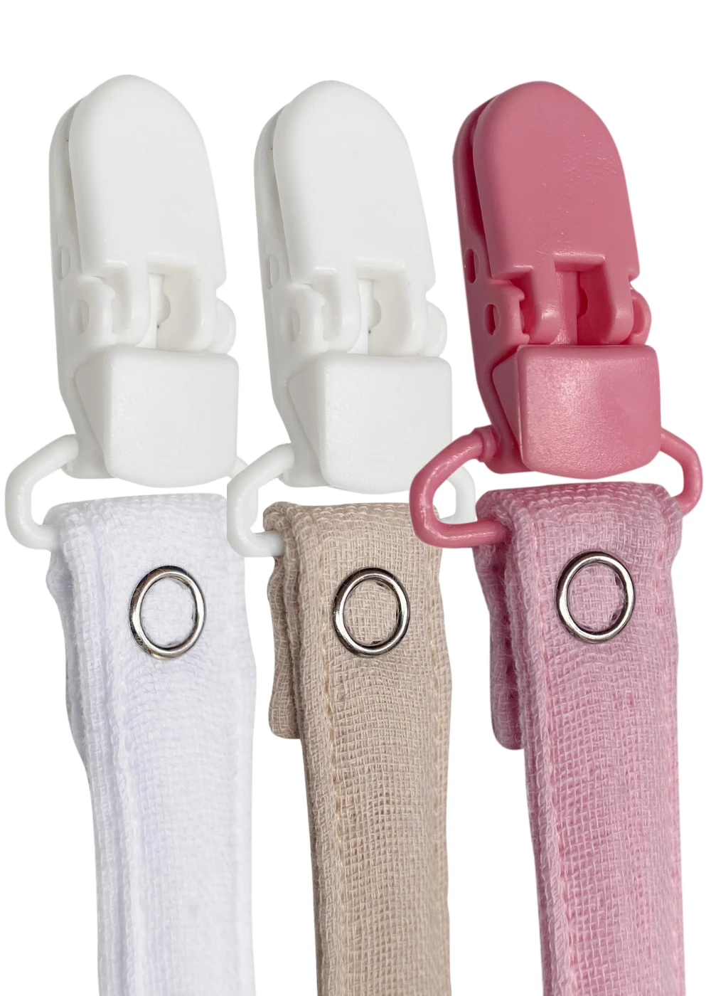 3'lü Pamuk Müslin Bebek Emzik Askısı - 3 Plastik Klips, Kolay Açılır Emzik Tutacağı / Zinciri | 2x25 cm