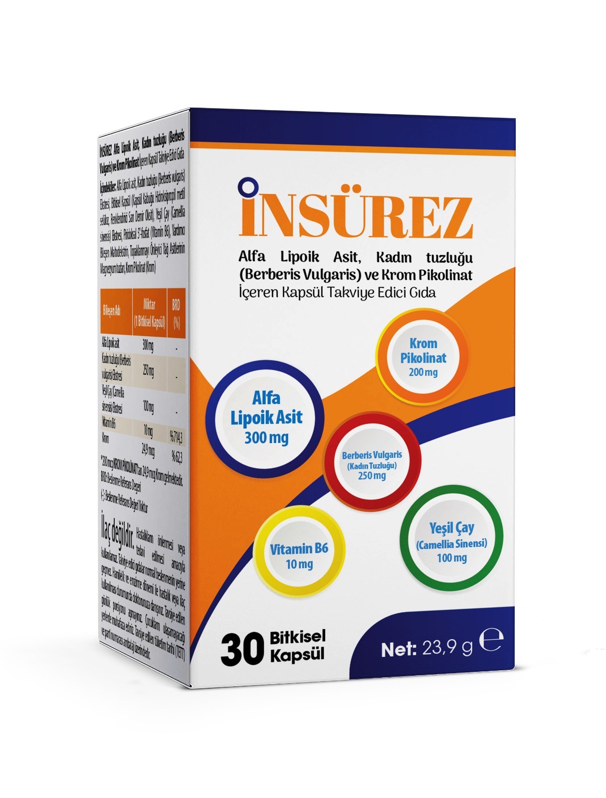 İNSÜREZ Alfa Lipoik Asit, Kadın Tuzluğu (Berberis Vulgaris) ve Krom Pikolinat , Yeşil Çay, Vitamin B6 İçeren Takviye Edici Gıda 30 Bitkisel Kapsül