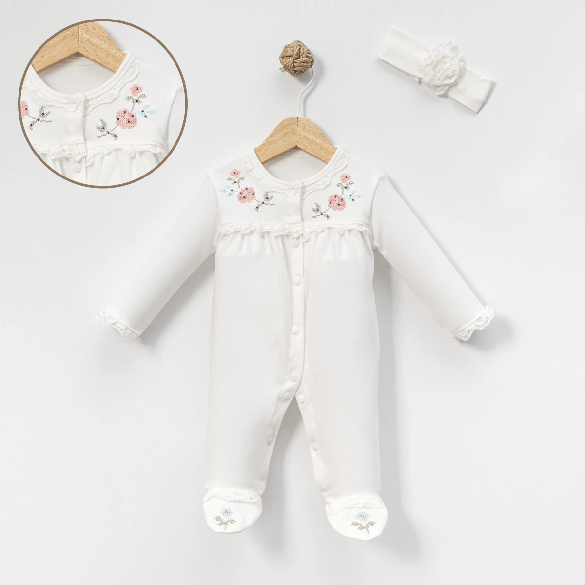 Kız 0-3 Ay Kanaviçeli Güpürlü 2Li Tulum