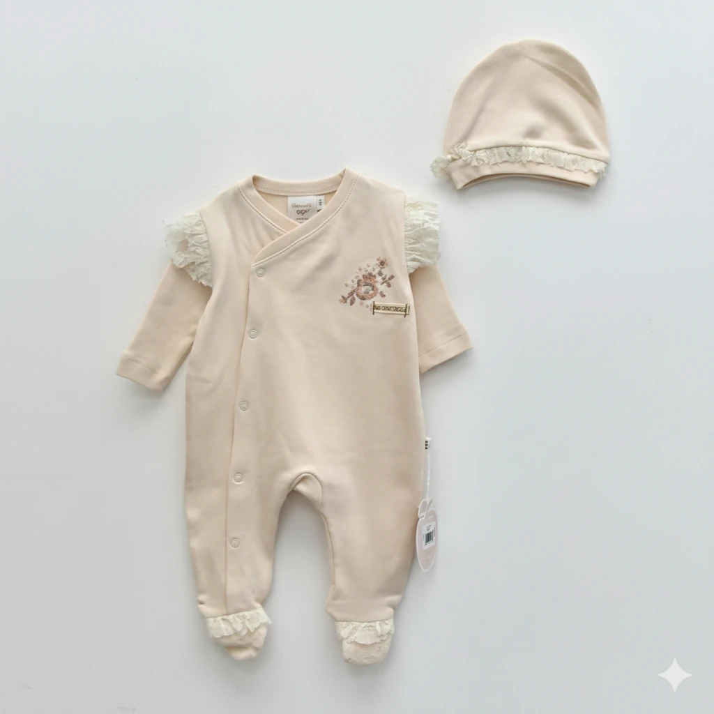 Kanaviçeli Kız Bebek Şapkalı Tulum