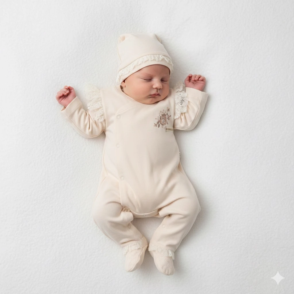 Kanaviçeli Kız Bebek Şapkalı Tulum