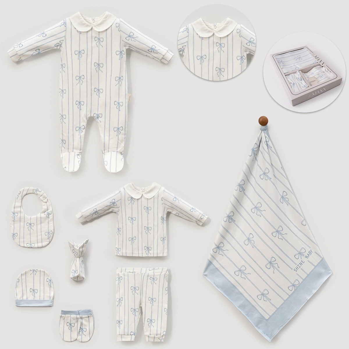 Erkek 0-3 Ay Fiyonklu Çizgili Kutulu Set