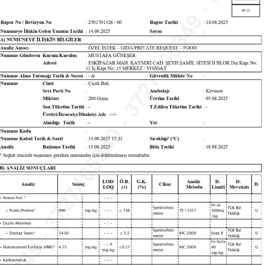 %100 DOĞAL KATKISIZ SÜZME HAM ÇİÇEK BALI 850 gr.