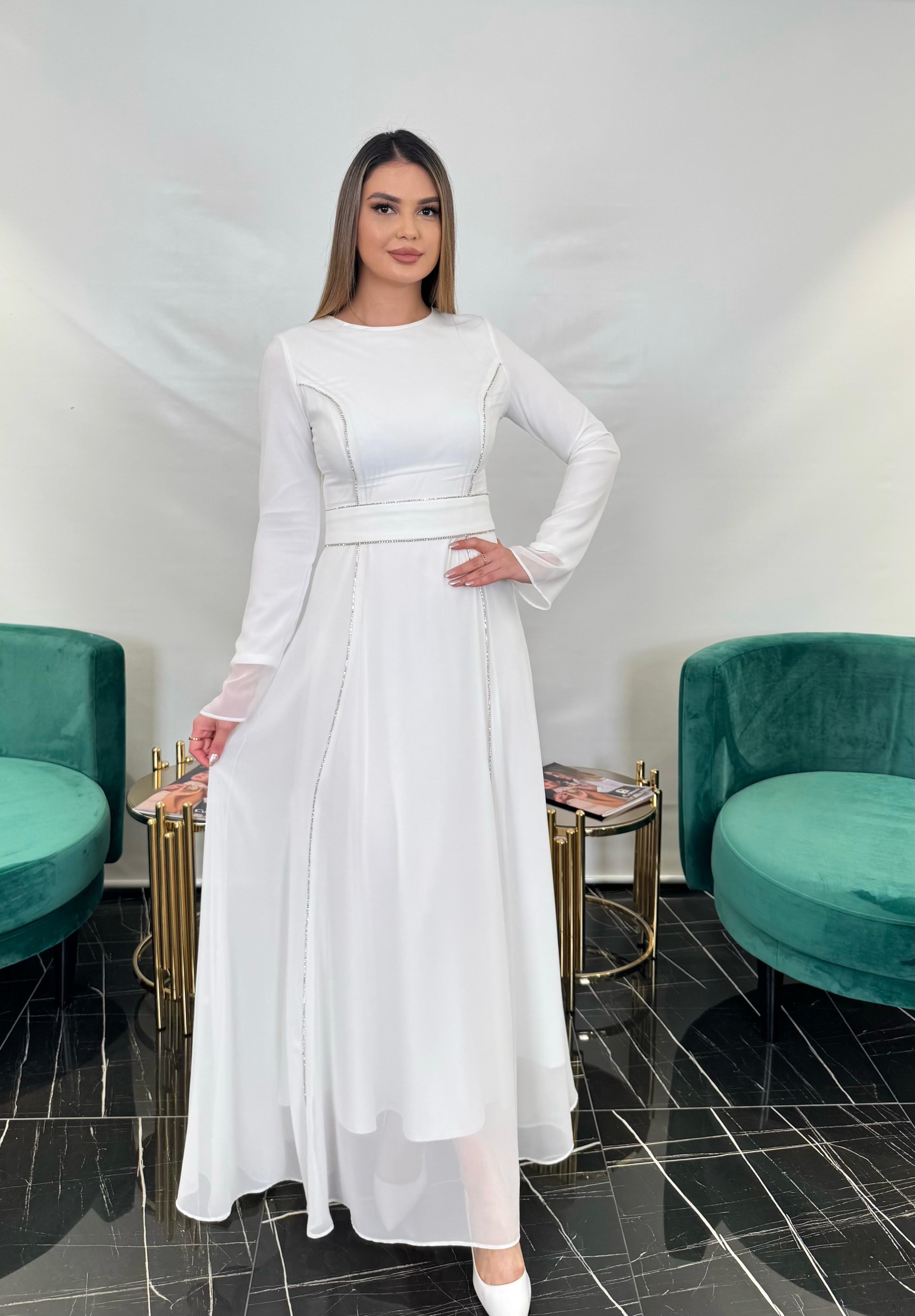 3250 ŞERİT TAŞLI ŞİFON ELBİSE  - ECRU