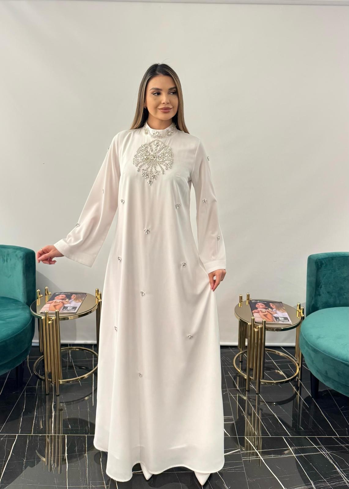 3244 ÖZEL TASARIM ELBİSE - EKRU
