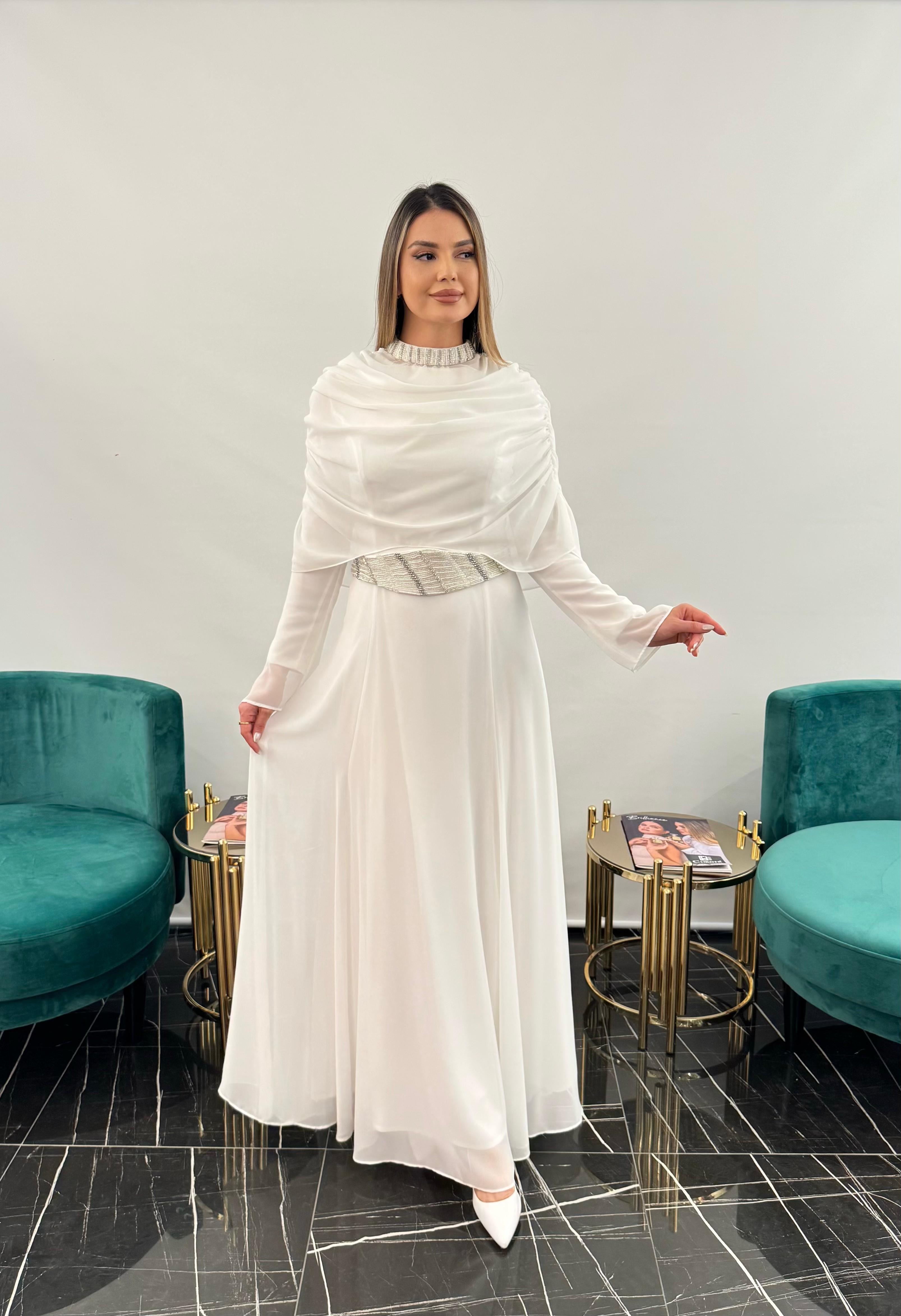 3249 KEMER YAKA KISMI İŞLEMELİ  ŞİFON ELBİSE  - ECRU