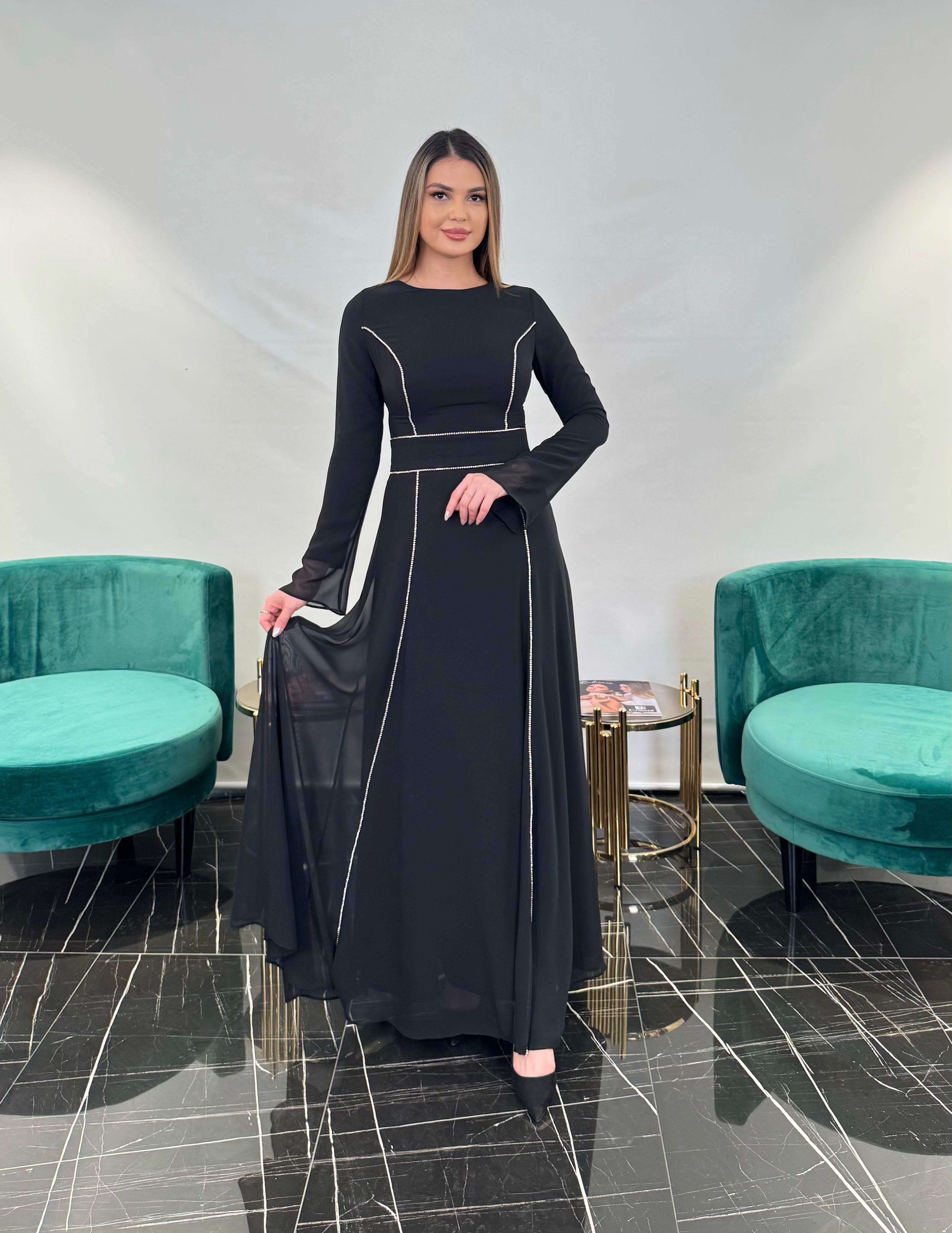 3250 ŞERİT TAŞLI ŞİFON ELBİSE  - BLACK