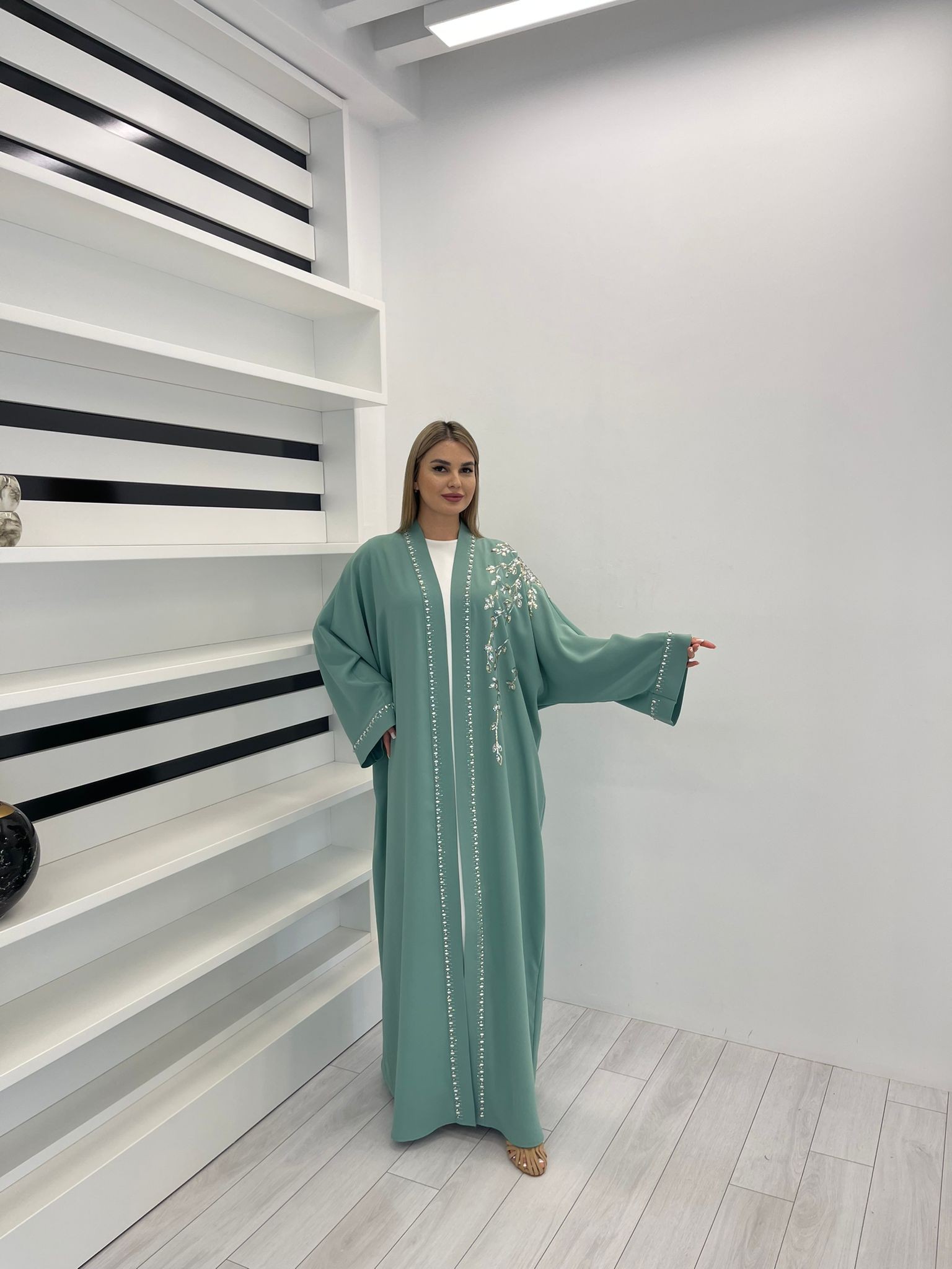 2868 PULPAYET DETAYLI  ABAYA - MİNT YEŞİLİ