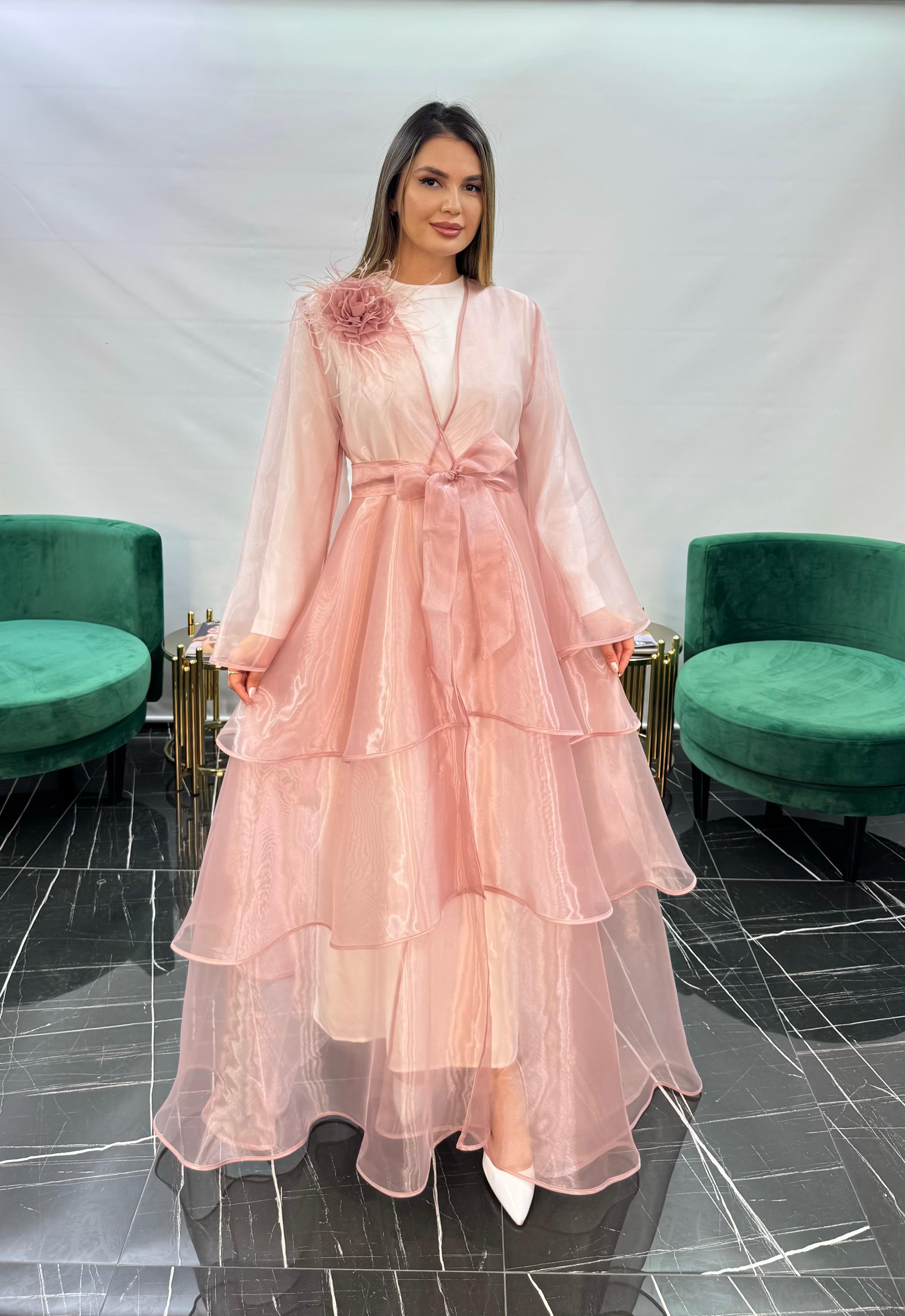 3254 KAT KAT ETEK DETAYLI ORGANZE ABAYA  - PUDRA