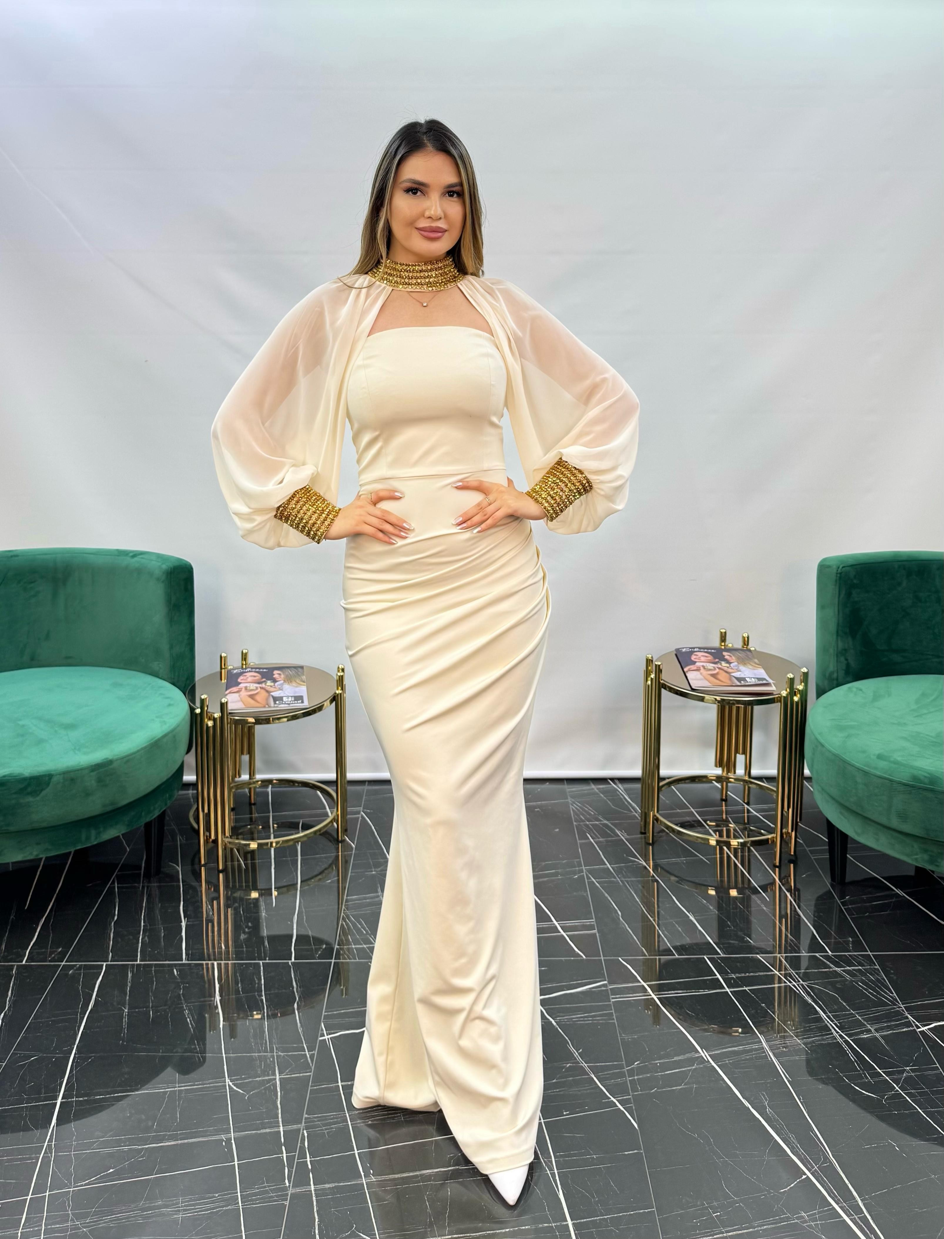 3252 STRAPLEZ ELBİSE  - BEJ