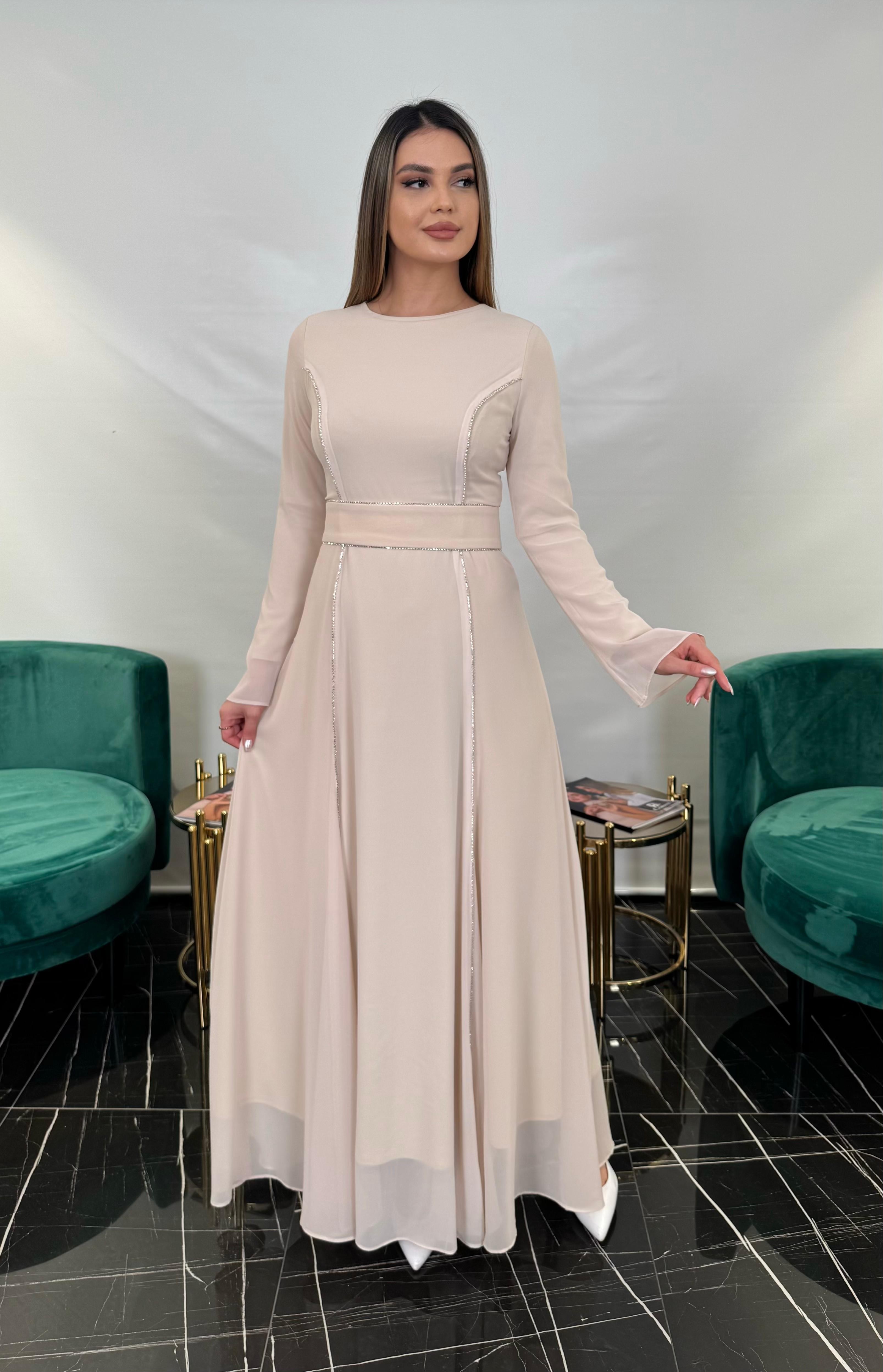 3250 ŞERİT TAŞLI ŞİFON ELBİSE  - BEIGE