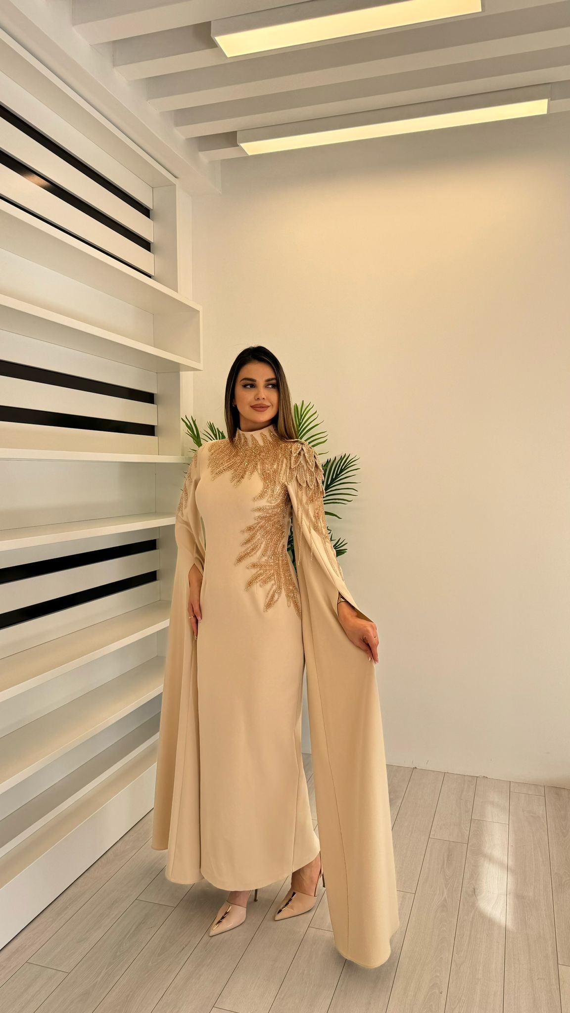 2958 ÖZEL TASARIM ELBİSE EL İŞÇİLİĞİ  - BEJ