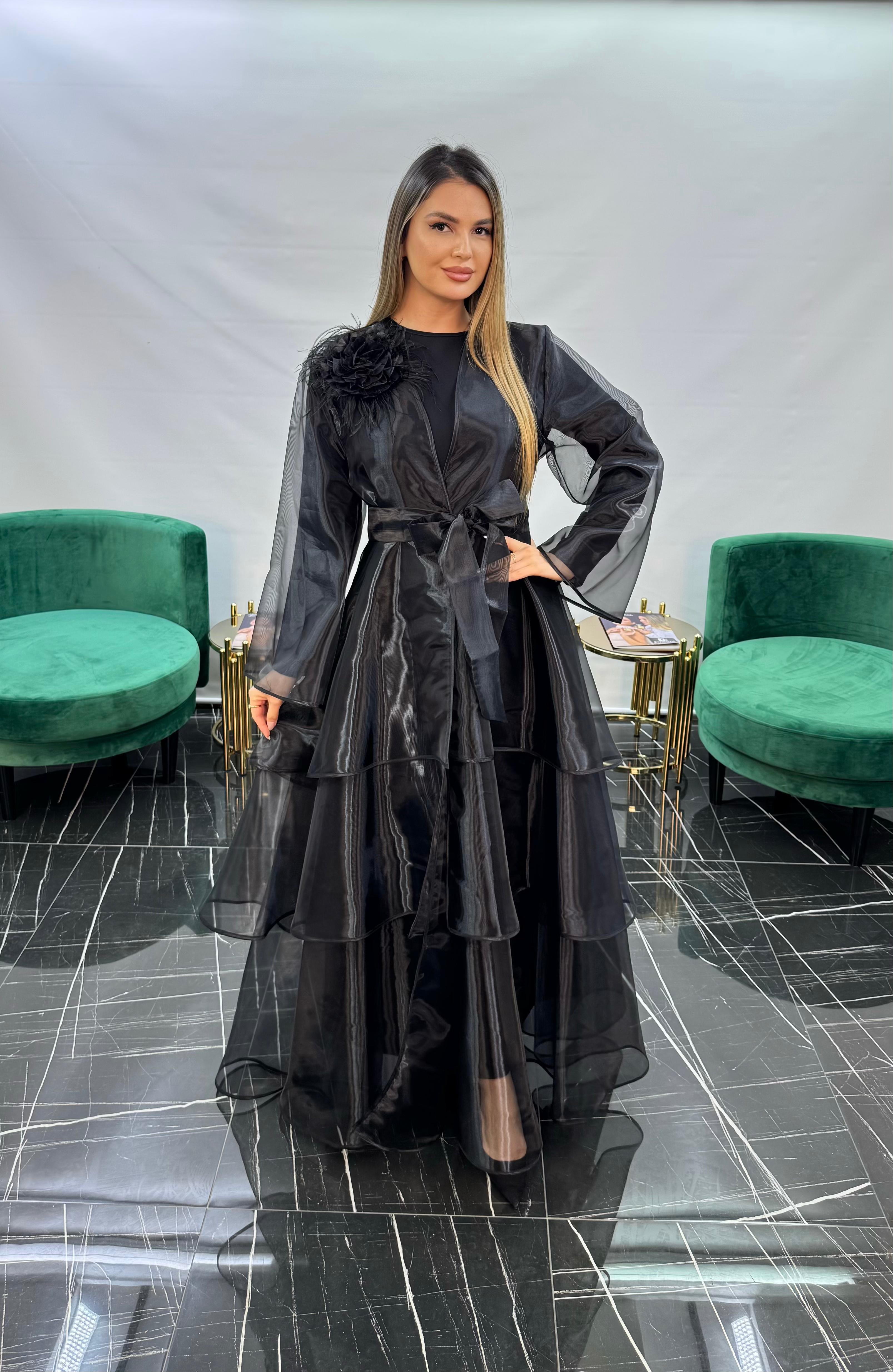 3254 KAT KAT ETEK DETAYLI ORGANZE ABAYA  - CAM SİYAH