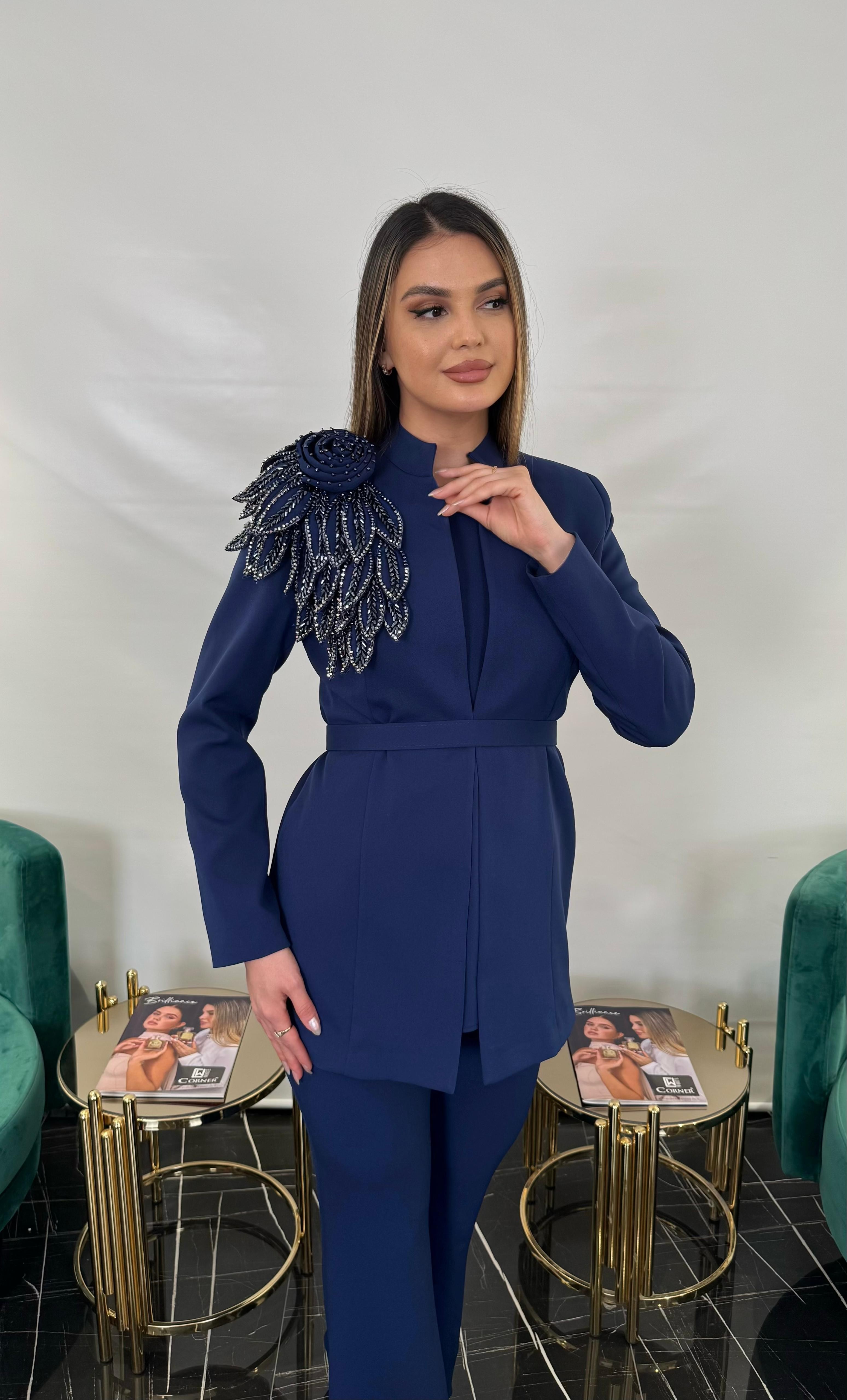 3239 YAPRAK DESEN ÜZERİ TAŞ İŞLEMELİ TASARIM TAKIM - DARK BLUE