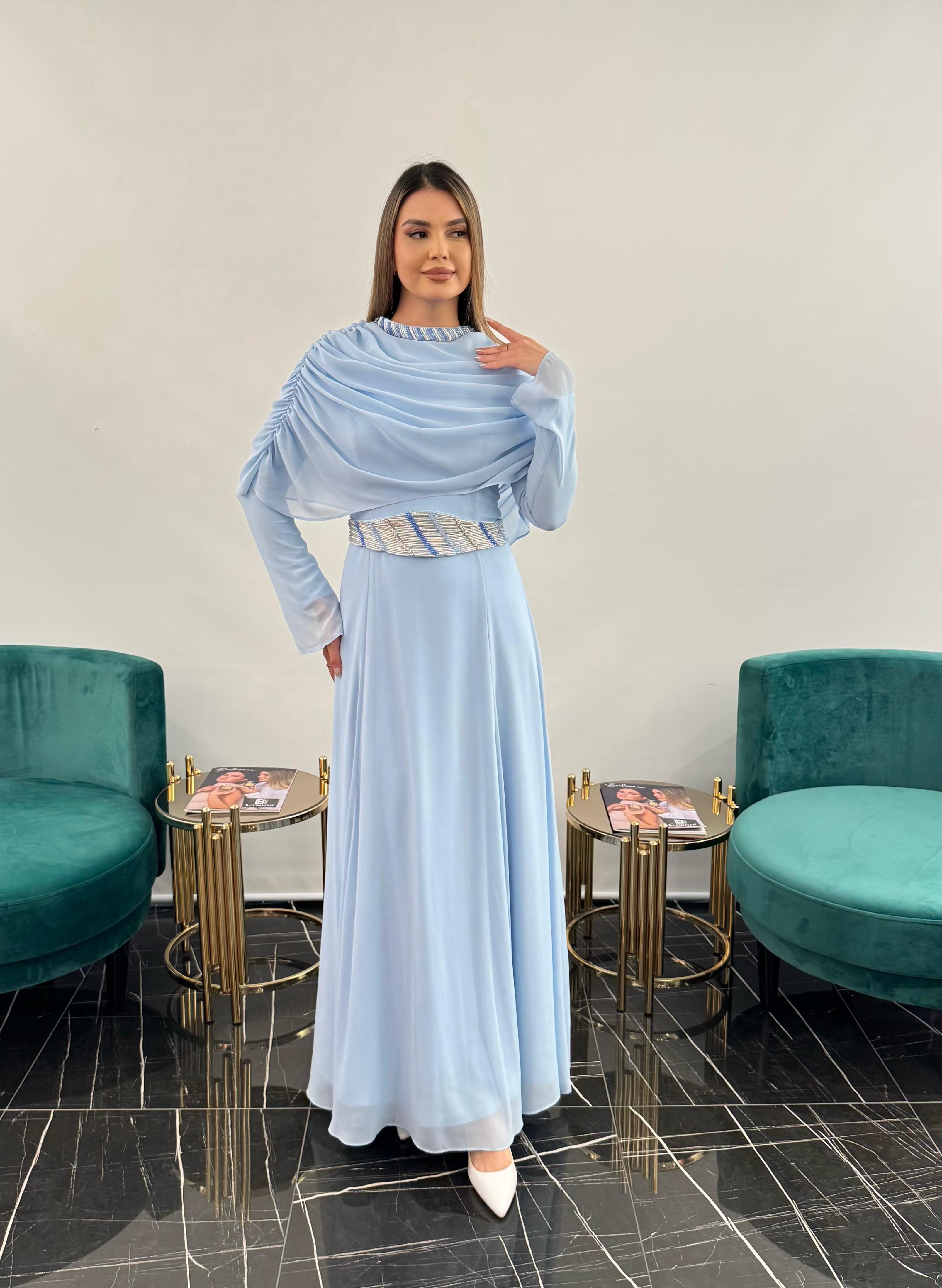 3249 KEMER YAKA KISMI İŞLEMELİ  ŞİFON ELBİSE  - BLUE