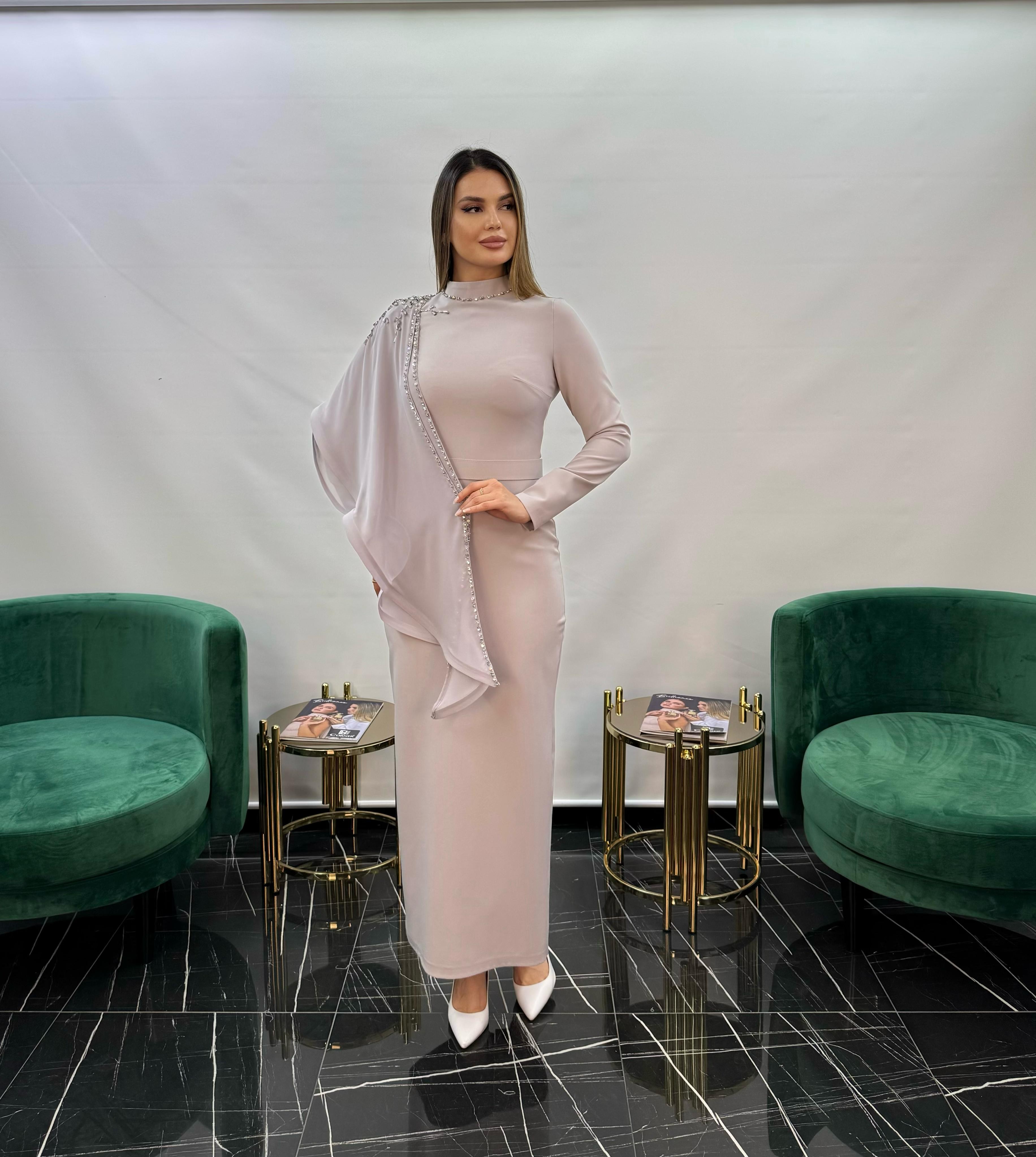 3253 DAR KESİM EL İŞİ İŞLEMELİ TASARIM ELBİSE  - GRİ