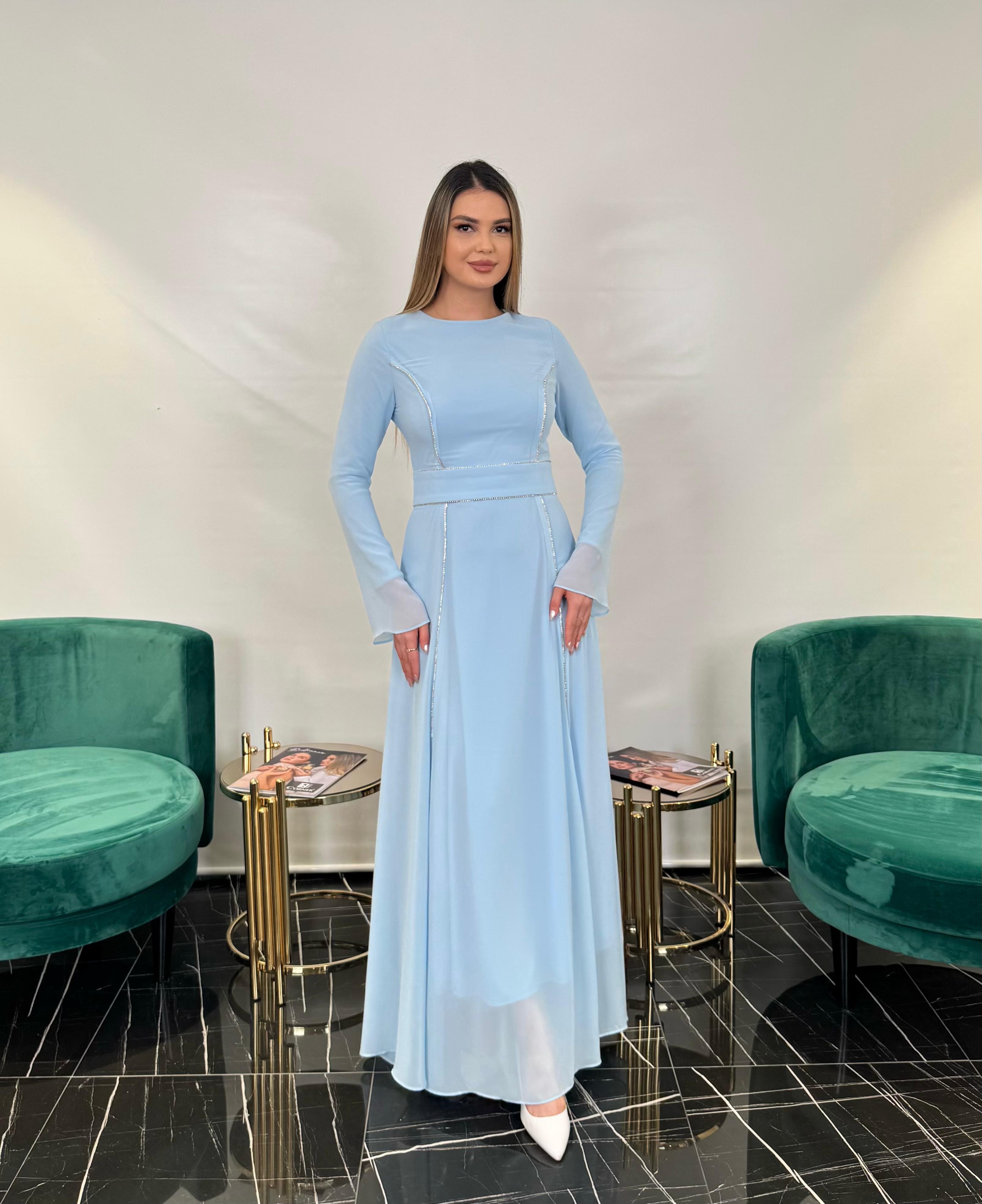 3250 ŞERİT TAŞLI ŞİFON ELBİSE  - BABY BLUE