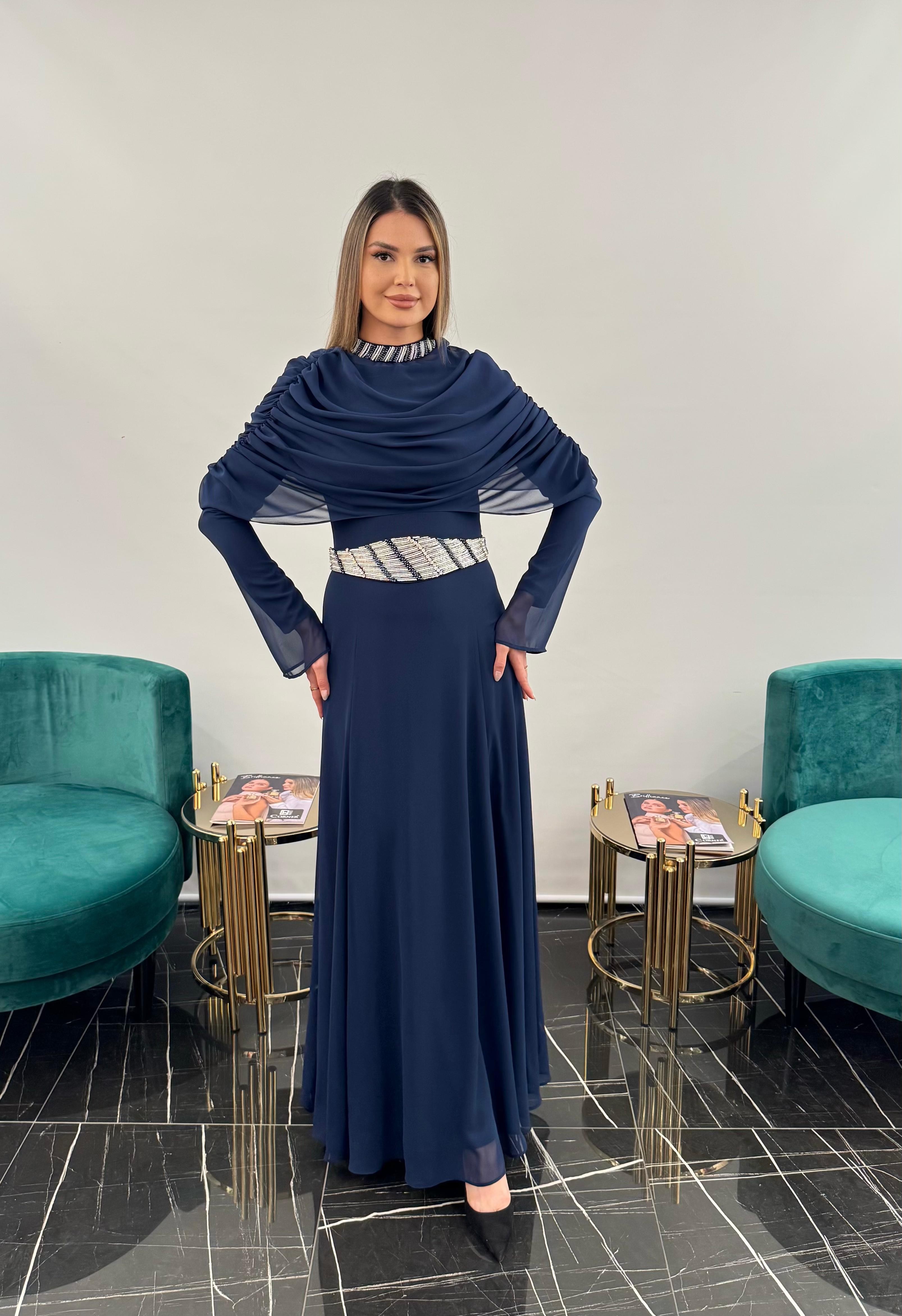 3249 KEMER YAKA KISMI İŞLEMELİ  ŞİFON ELBİSE  - DARK BLUE