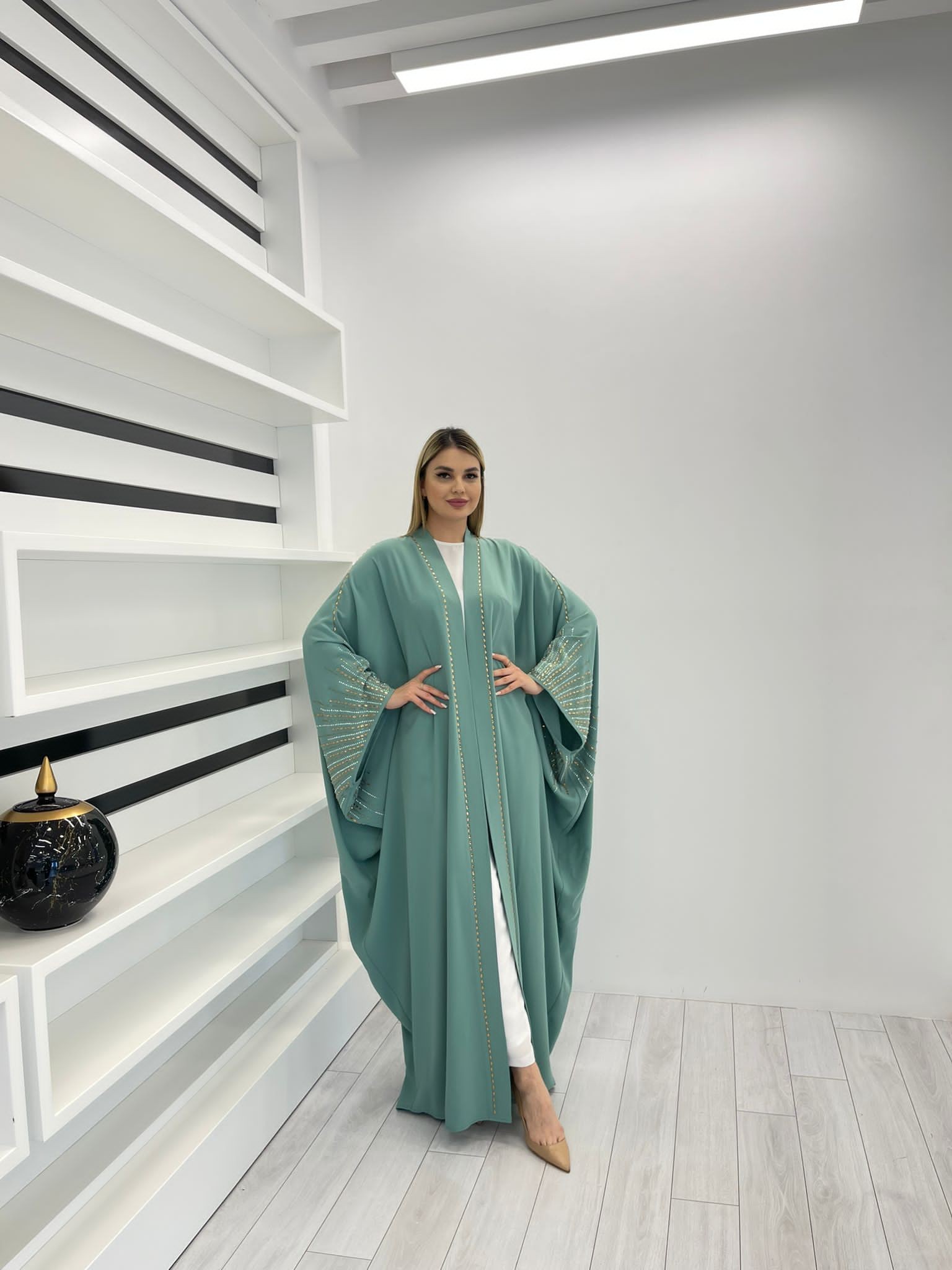 2839 KOL UCU TAŞ İŞLEME DETAYLI ABAYA - MİNT YEŞİLİ