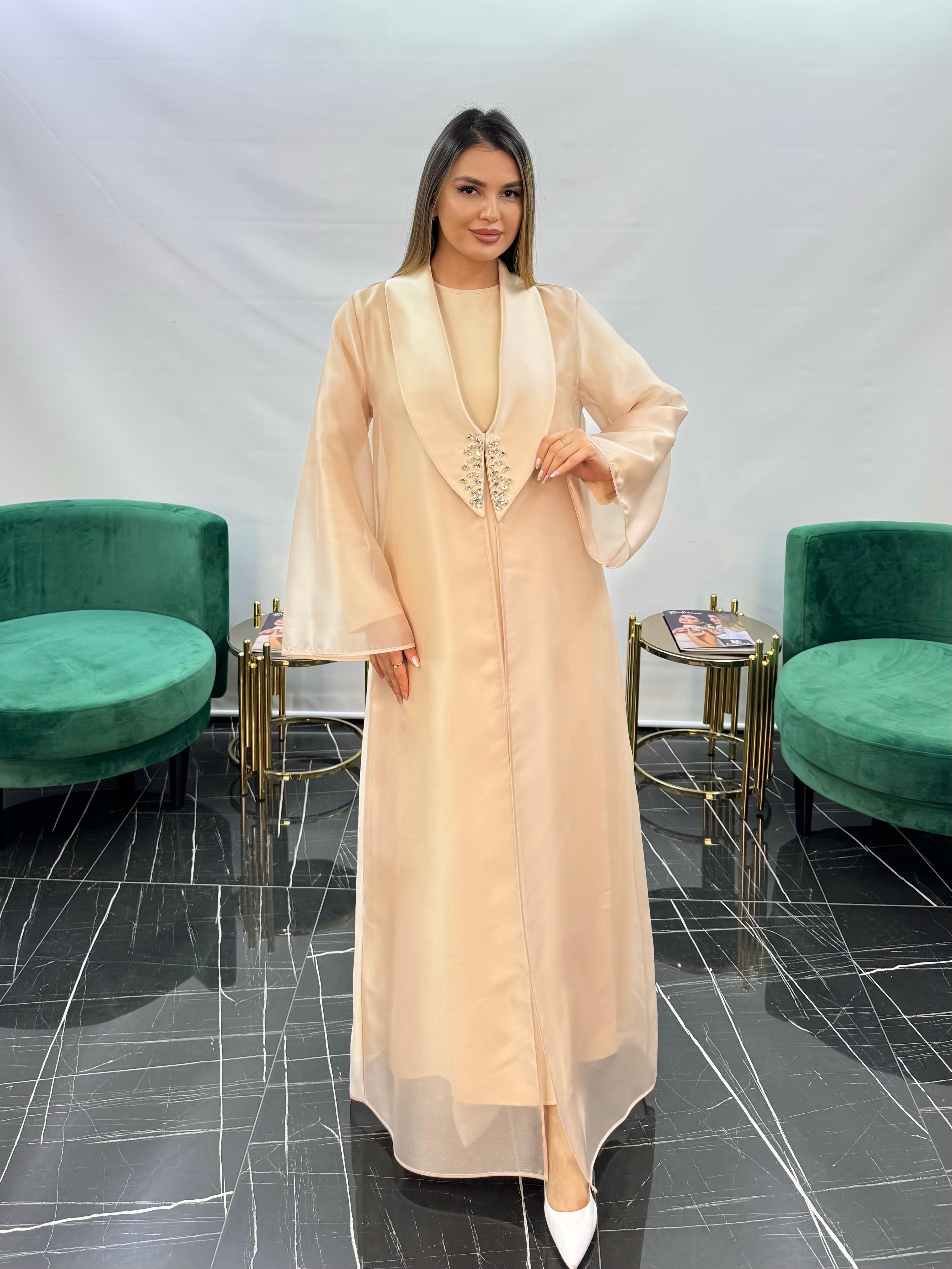 3255 KRİSTAL TAŞ İŞLEMELİ ORGANZE ABAYA  - BEJ