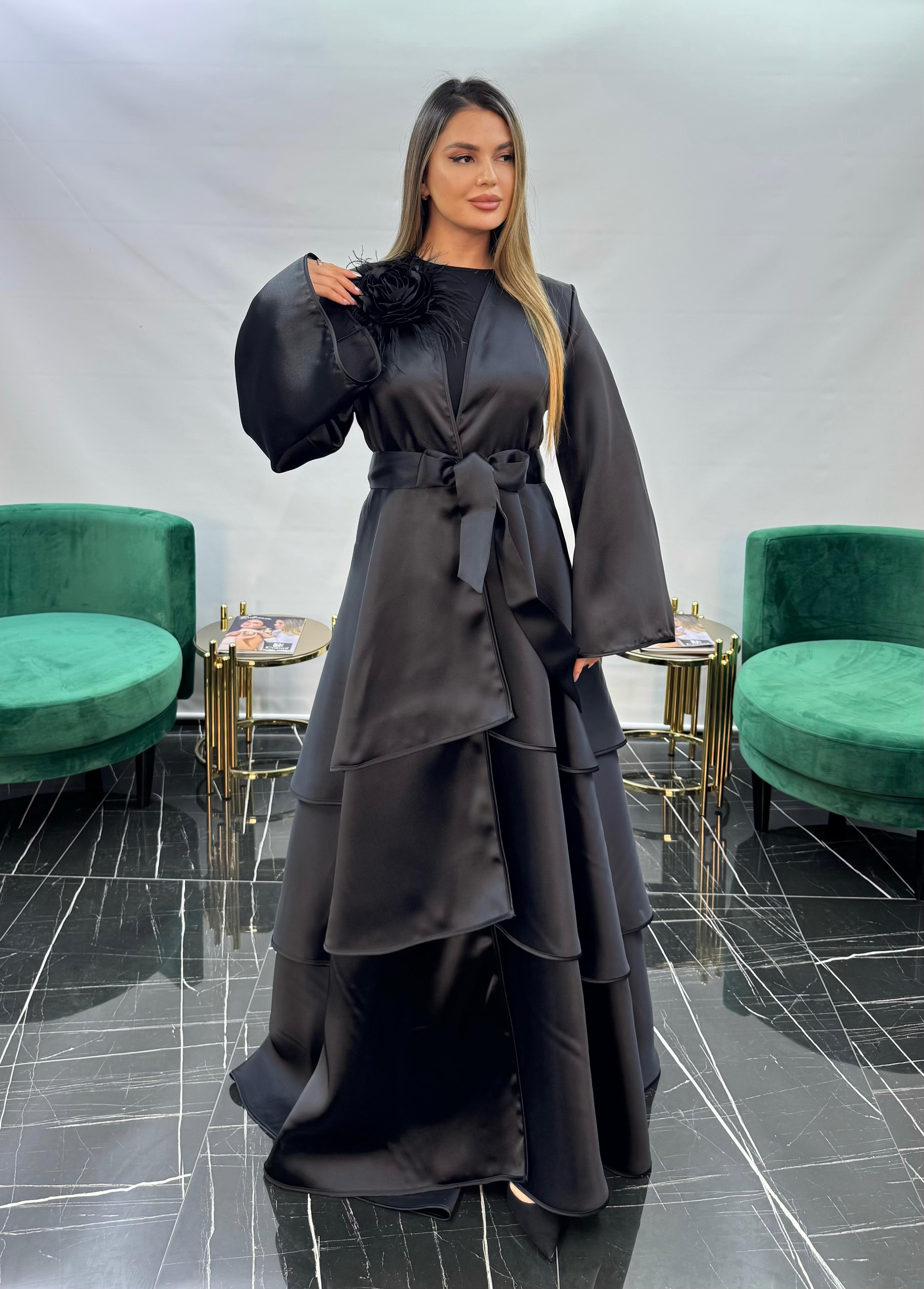 3254 KAT KAT ETEK DETAYLI ORGANZE ABAYA  - KALIN SİYAH