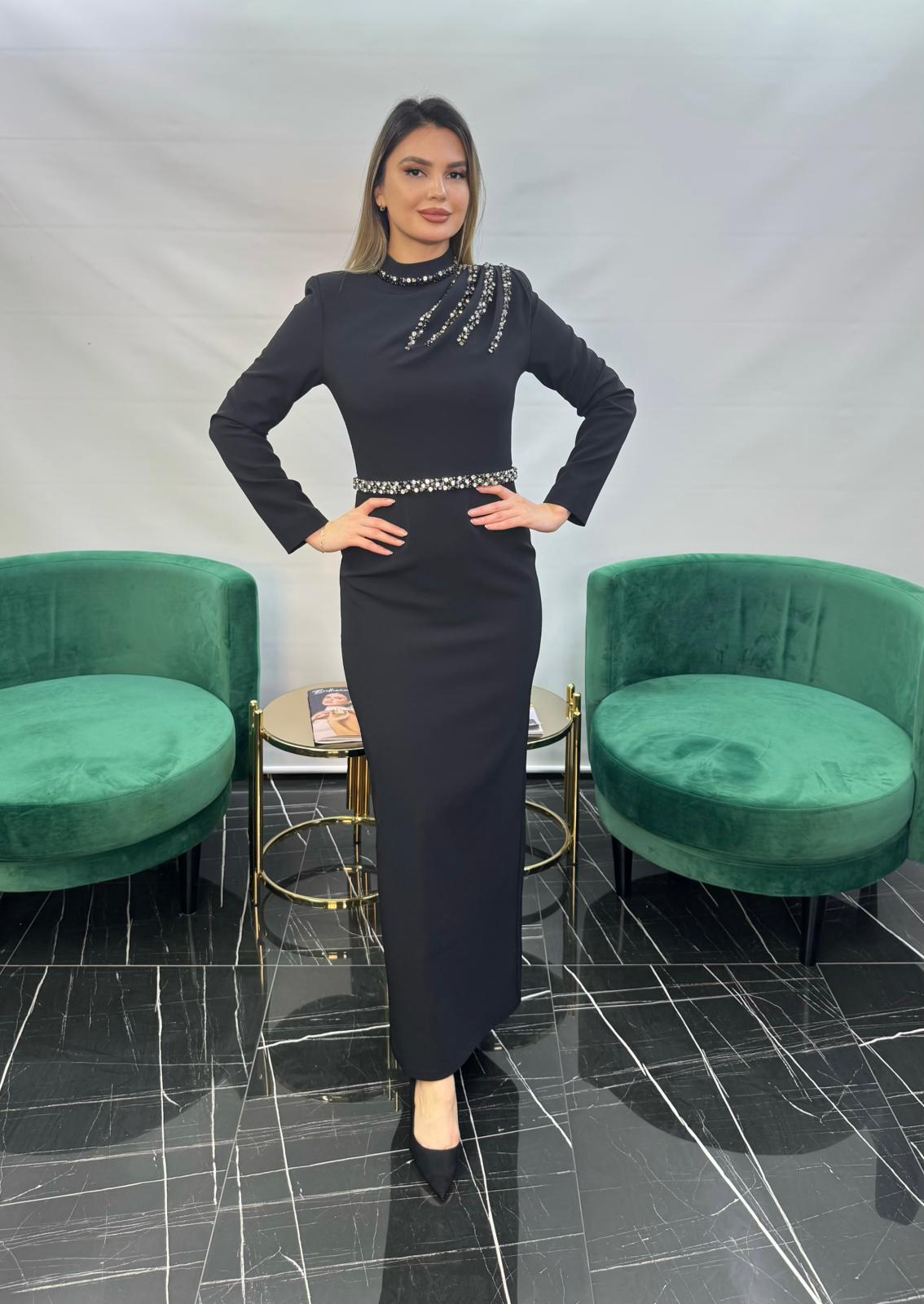 3264 TAŞ İŞLEMELİ ÖZEL TASARIM ELBİSE - اسود