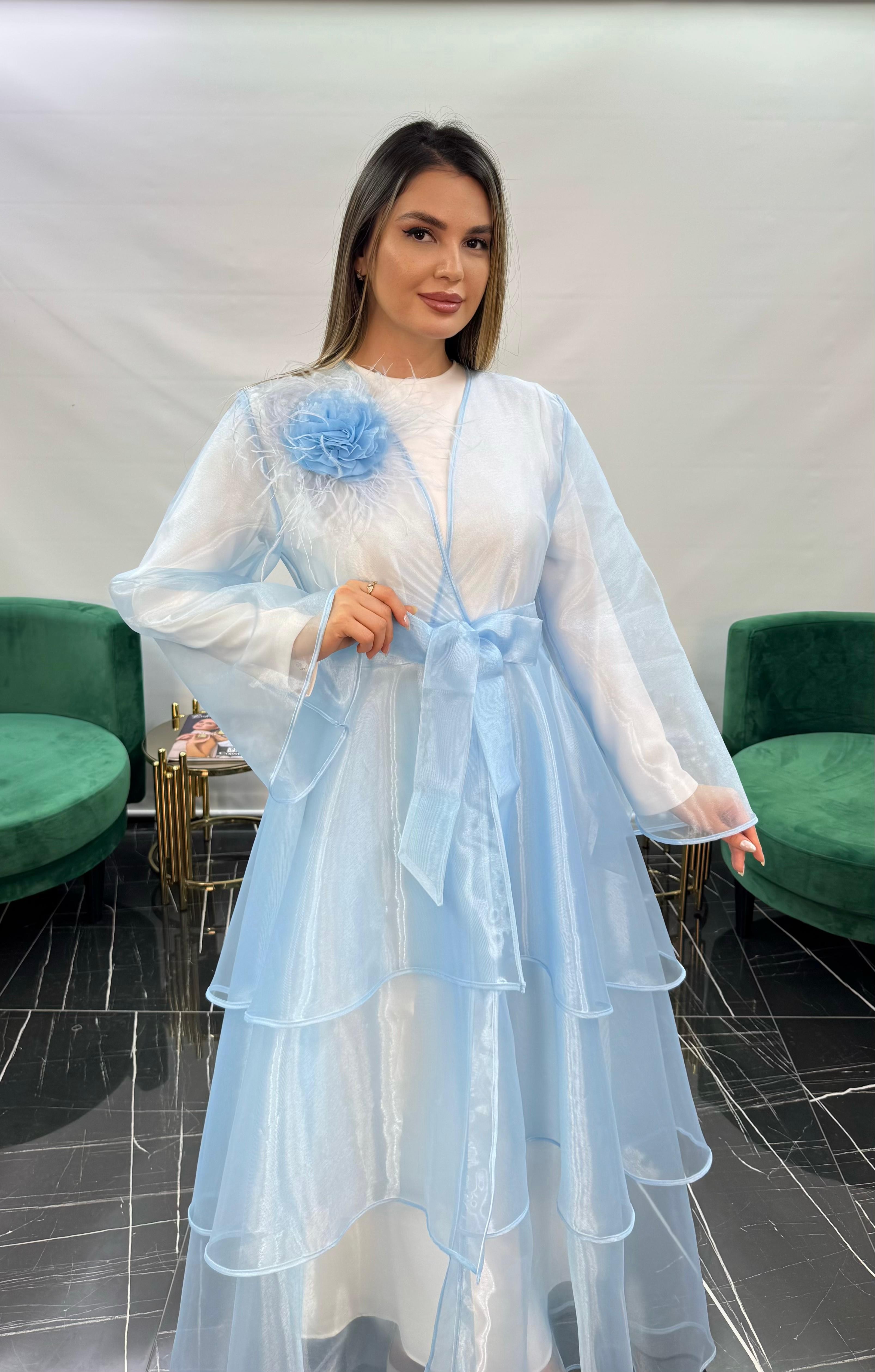 3254 KAT KAT ETEK DETAYLI ORGANZE ABAYA  - MAVİ