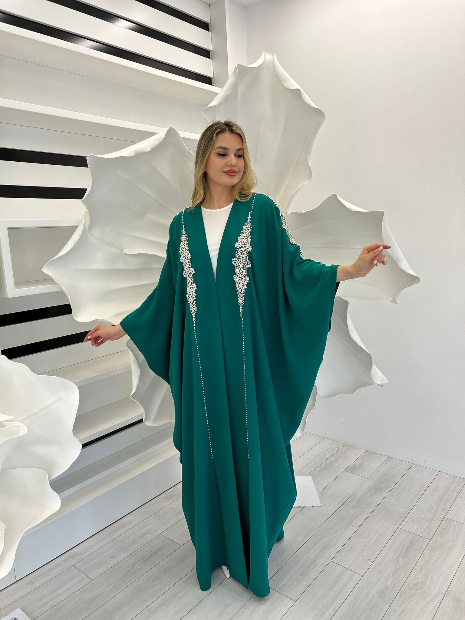 2469 KRİSTAL EL İŞİ TAŞ İŞLEMELİ YARASA MODEL ABAYA  - اخظر 