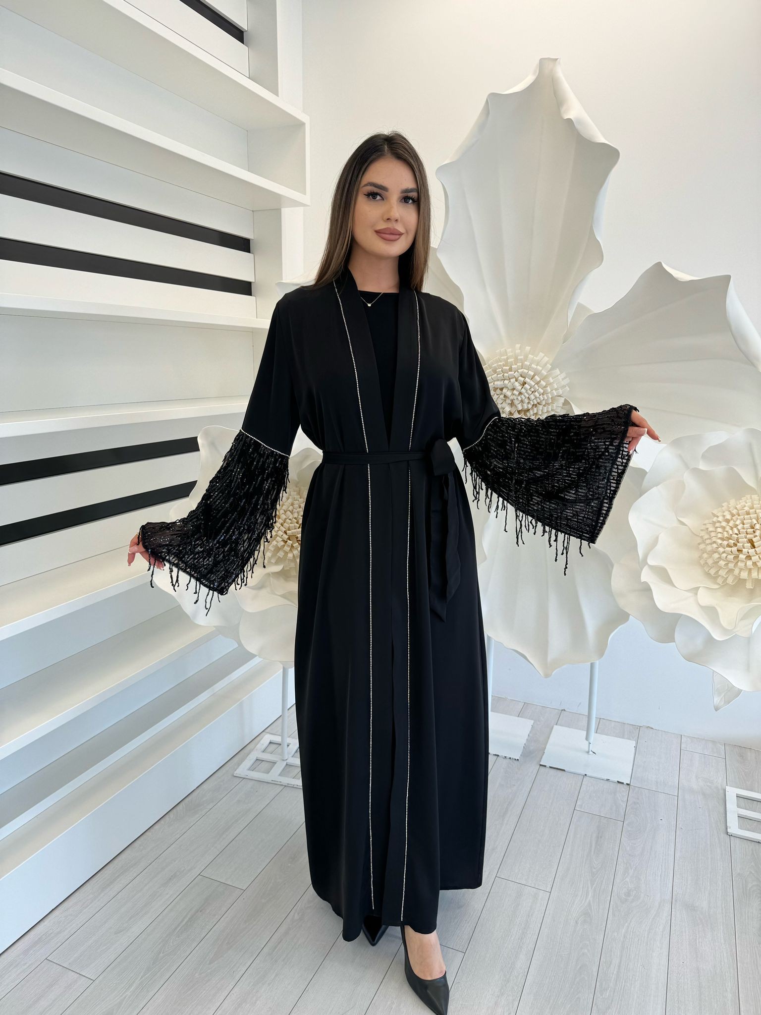 3080 KOL SAÇAK DETAYLI ABAYA - BLACK