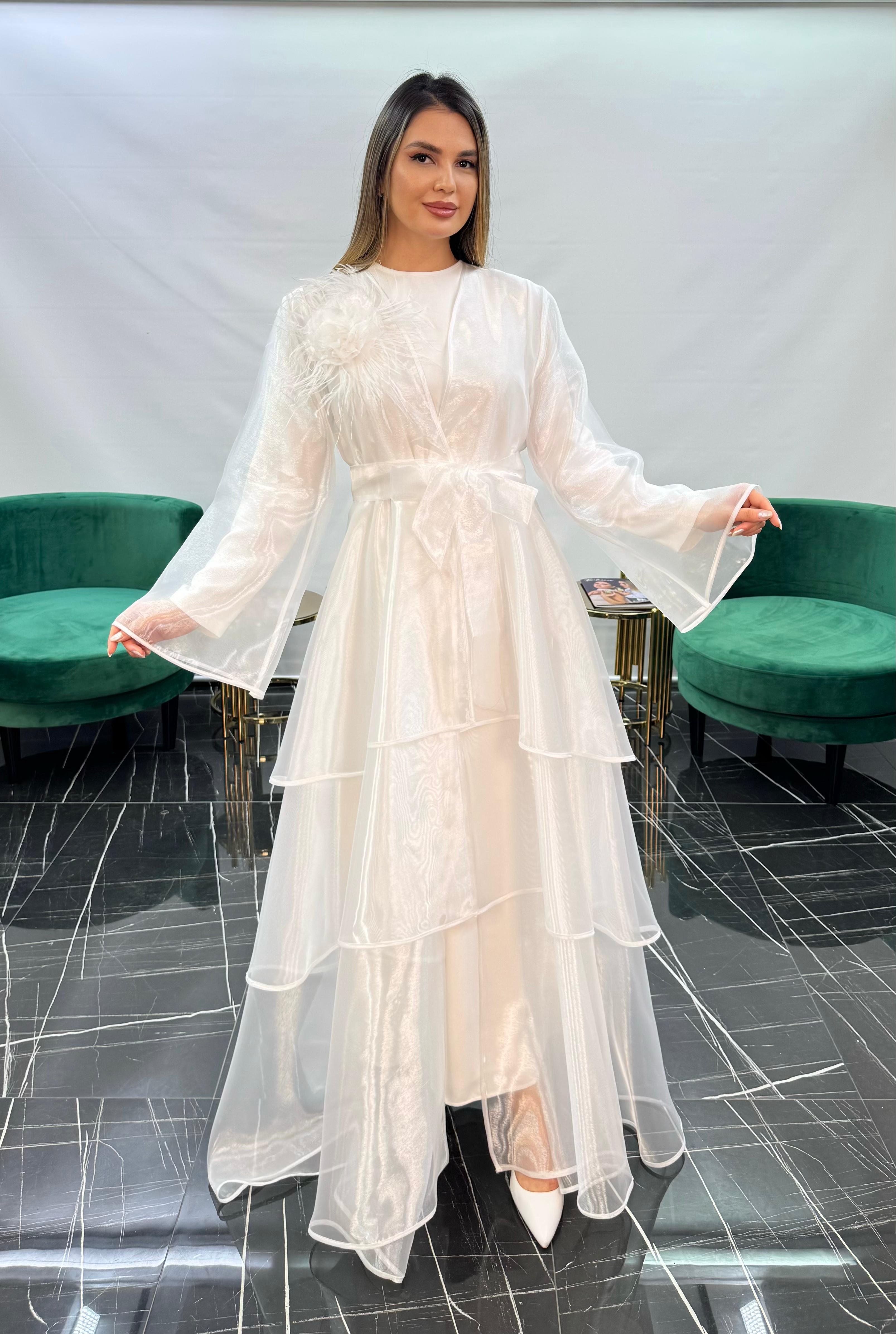 3254 KAT KAT ETEK DETAYLI ORGANZE ABAYA  - EKRU