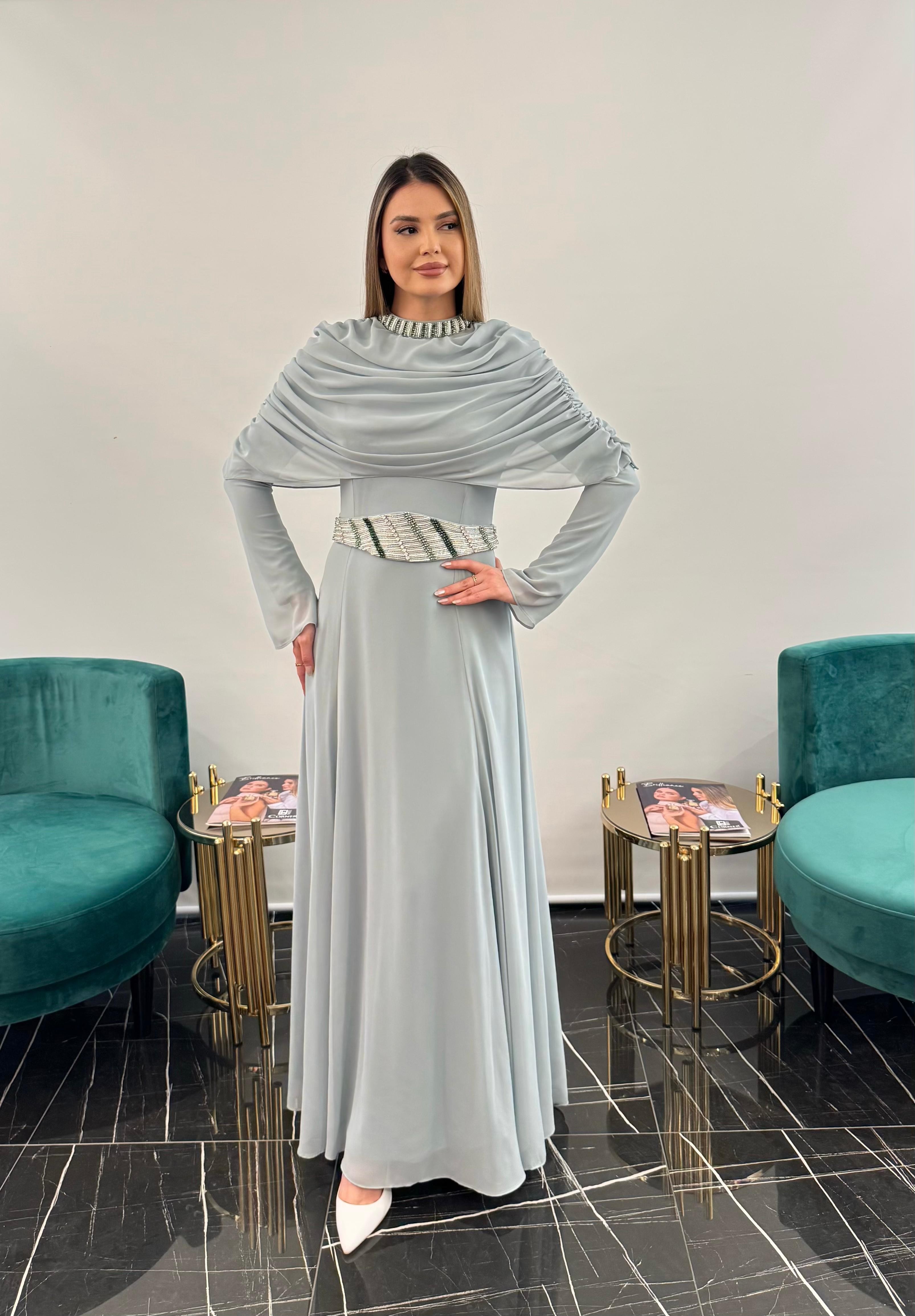 3249 KEMER YAKA KISMI İŞLEMELİ  ŞİFON ELBİSE  - MINT GREEN