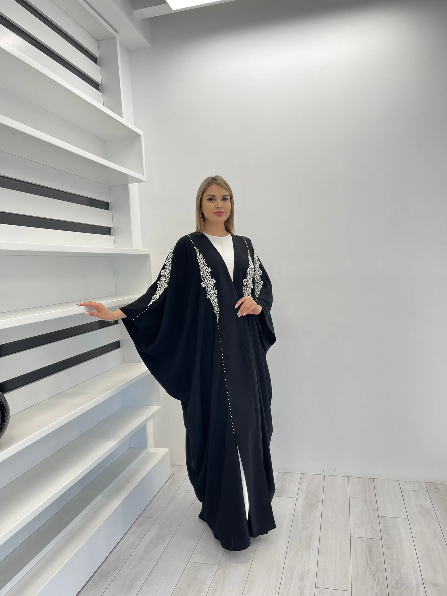 2469 CRYSTAL HANDICRAFT STONE EMBROIDERED BAT MODEL ABAYA