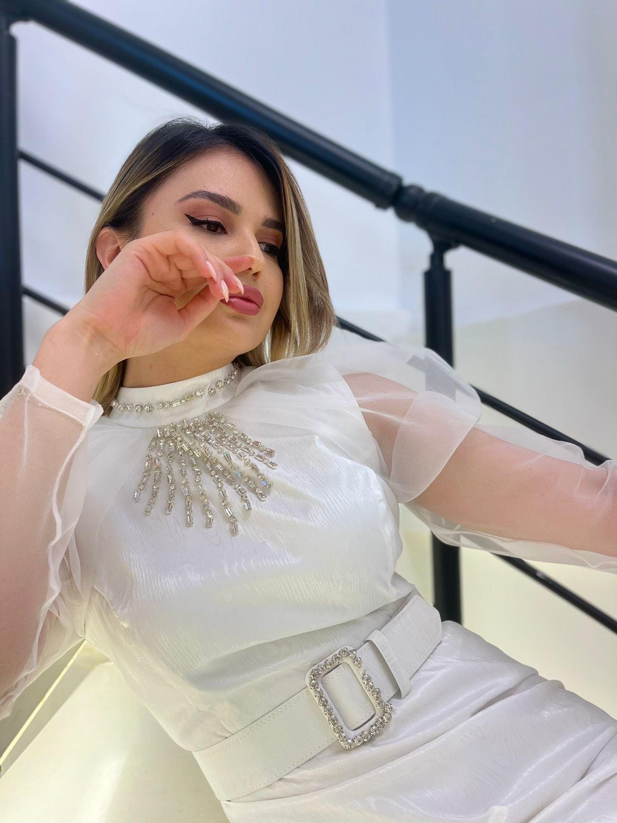 2565 KOL ORGANZE DETAYLI ELBİSE 