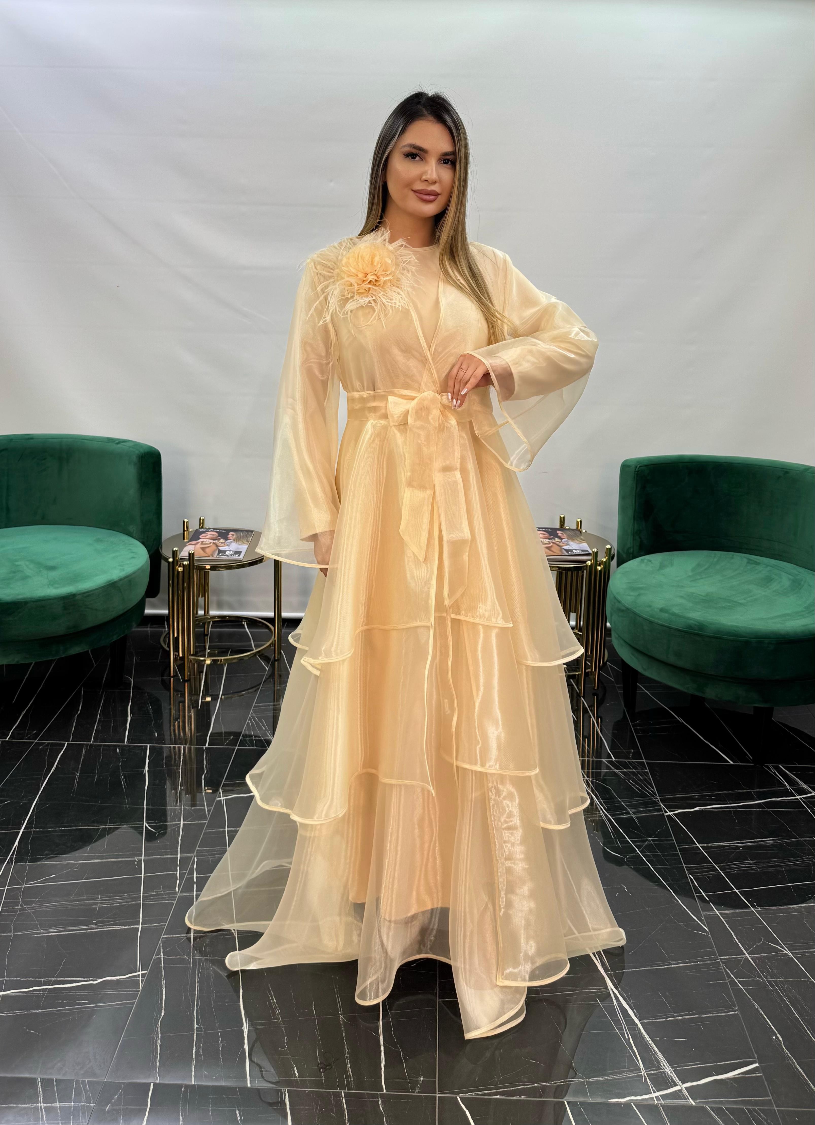 3254 KAT KAT ETEK DETAYLI ORGANZE ABAYA  - BEJ